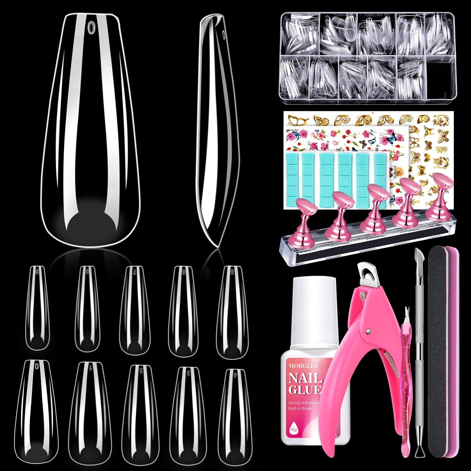 MORGLESClear Nail Tips Kit, 600pcs Acrylic Nail Tips Coffin Shape with Nail Stand, Files, Glue, Cuticle Pusher, Fork, Nail Art Stickers and Nail Clipper for Nail Salon