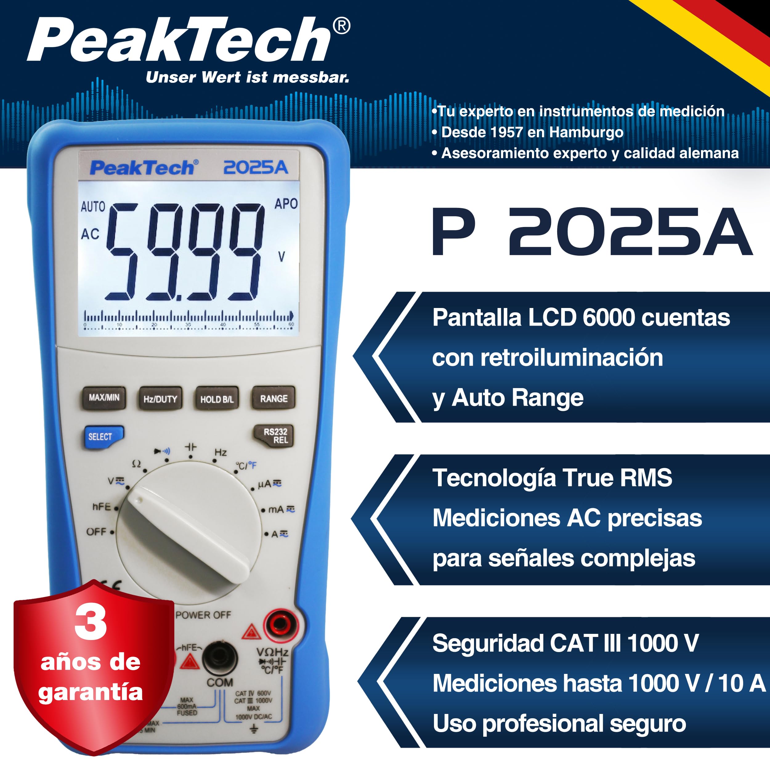 PeakTech 2025 A - Multímetro digital de verdadero valor eficaz, 6.000 cuentas, interfaz de datos integrada con software, medidor de resistencia, capacitancia, continuidad, 1000V - 10A AC/DC - CAT III