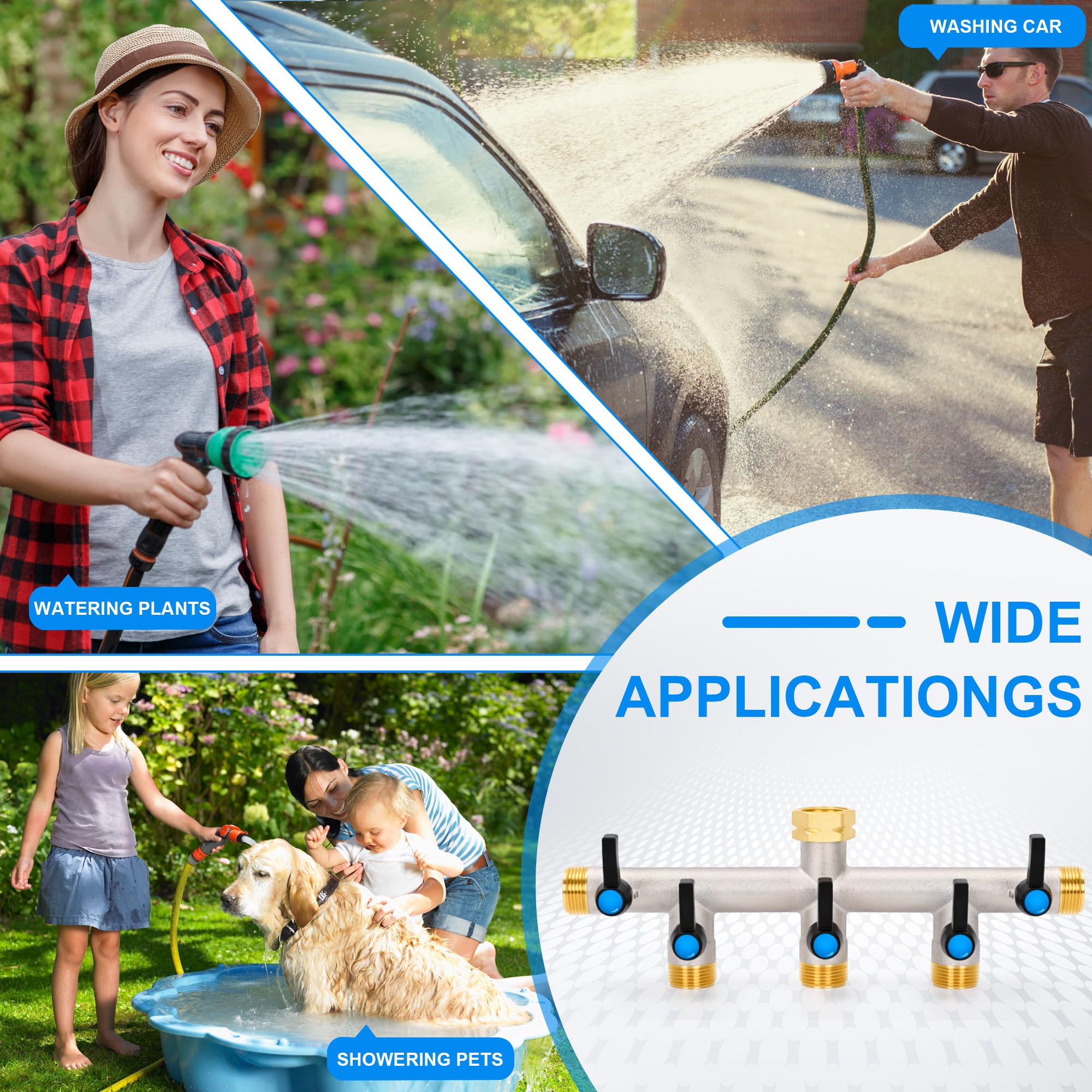 Distributore a 5 vie [Grande flusso], 3/4 pollici, distributore d'acqua in ottone nichelato, manico in metallo allungato, uscita più grande per un'irrigazione più efficiente del giardino
