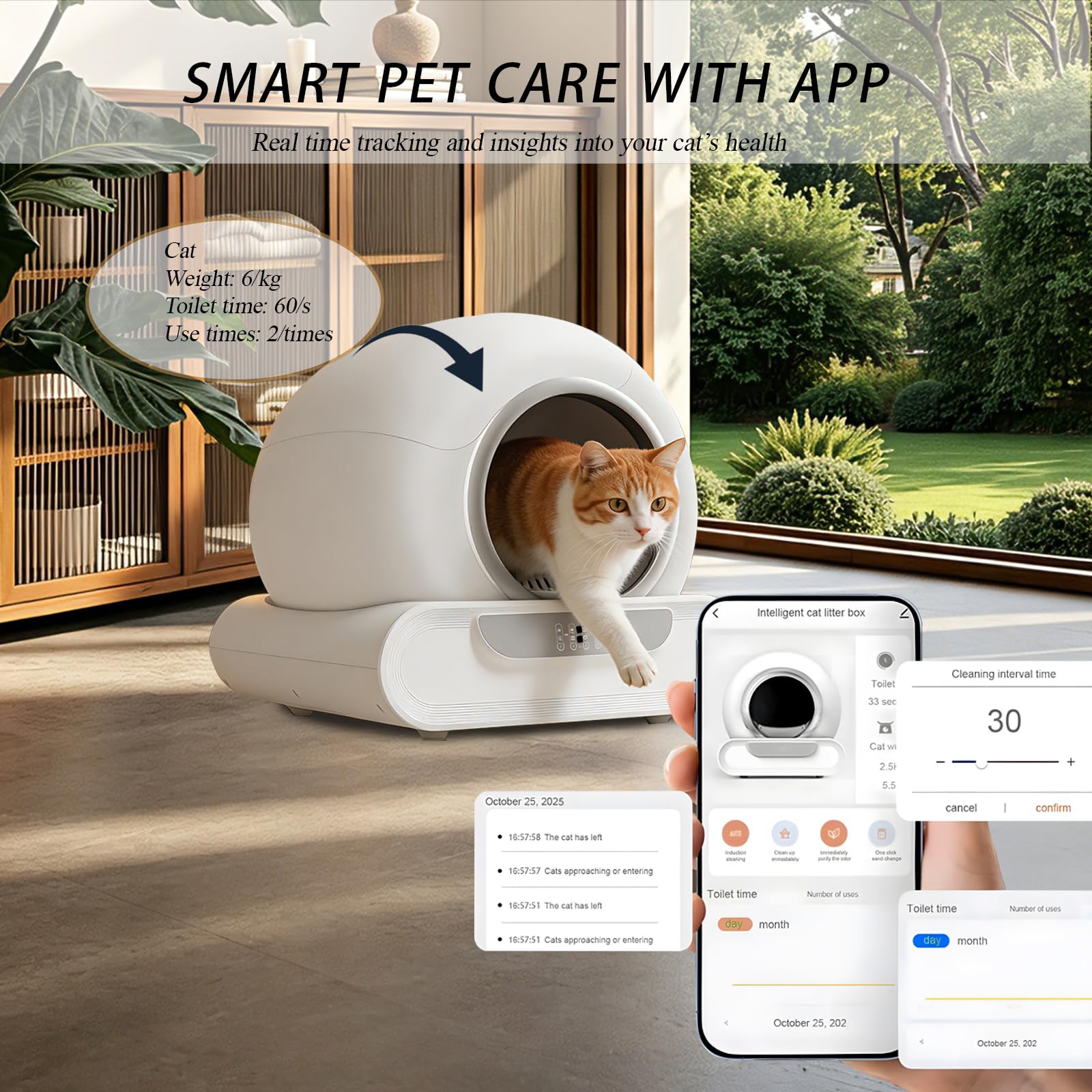 Lettiere Autopulenti Gatti 65L+9L Smart Health Monitor Comando APP | Deodorante Ionico, 6 Rotoli Sacchetti e 2 Schermi Filtranti Adatte Alle Famiglie con Più Gatti