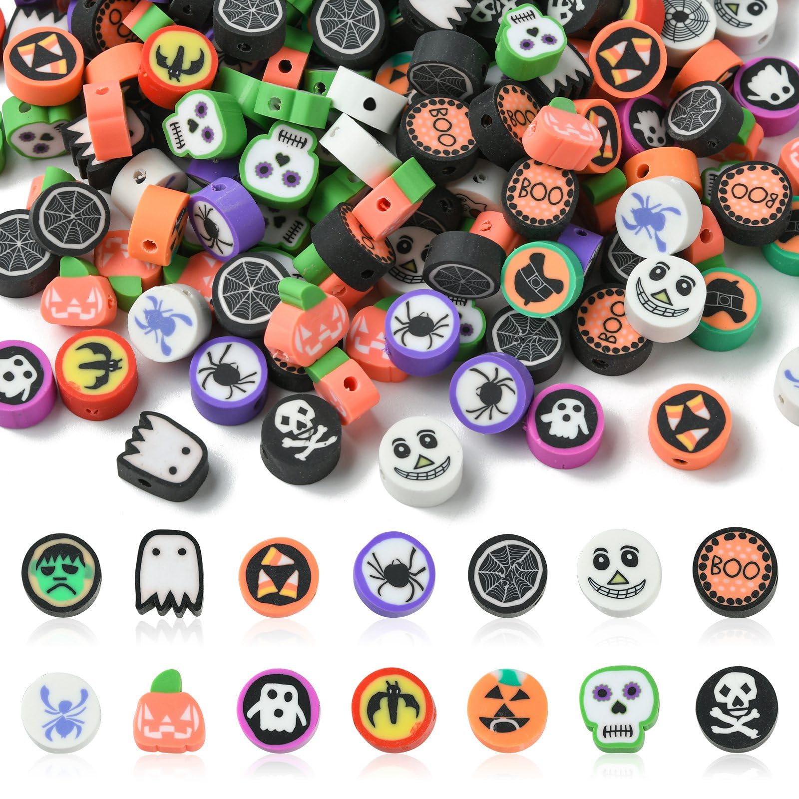UR URLIFEHALL 200 Pcs Halloween Polymer Clay Beads Ghost Skull Bat Pumpkin Heishi Spacer Beads for Jewellery Making Crafts Phone Strap