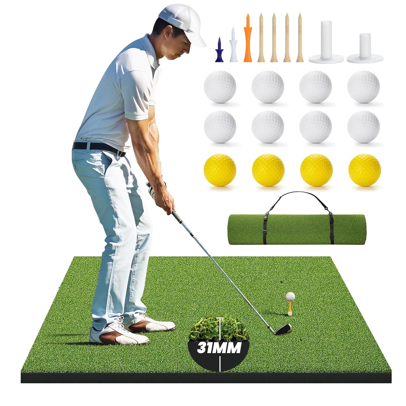 Real Feel 31MM 5x4ft & 23x16Inch Golf Hitting Mat, Large Golf Mat, Golf Turf Mat, Fairway & Rough Artificial Grass, Golf Practice Mat Indoor & Outdoor, Driving & Chipping Pad
