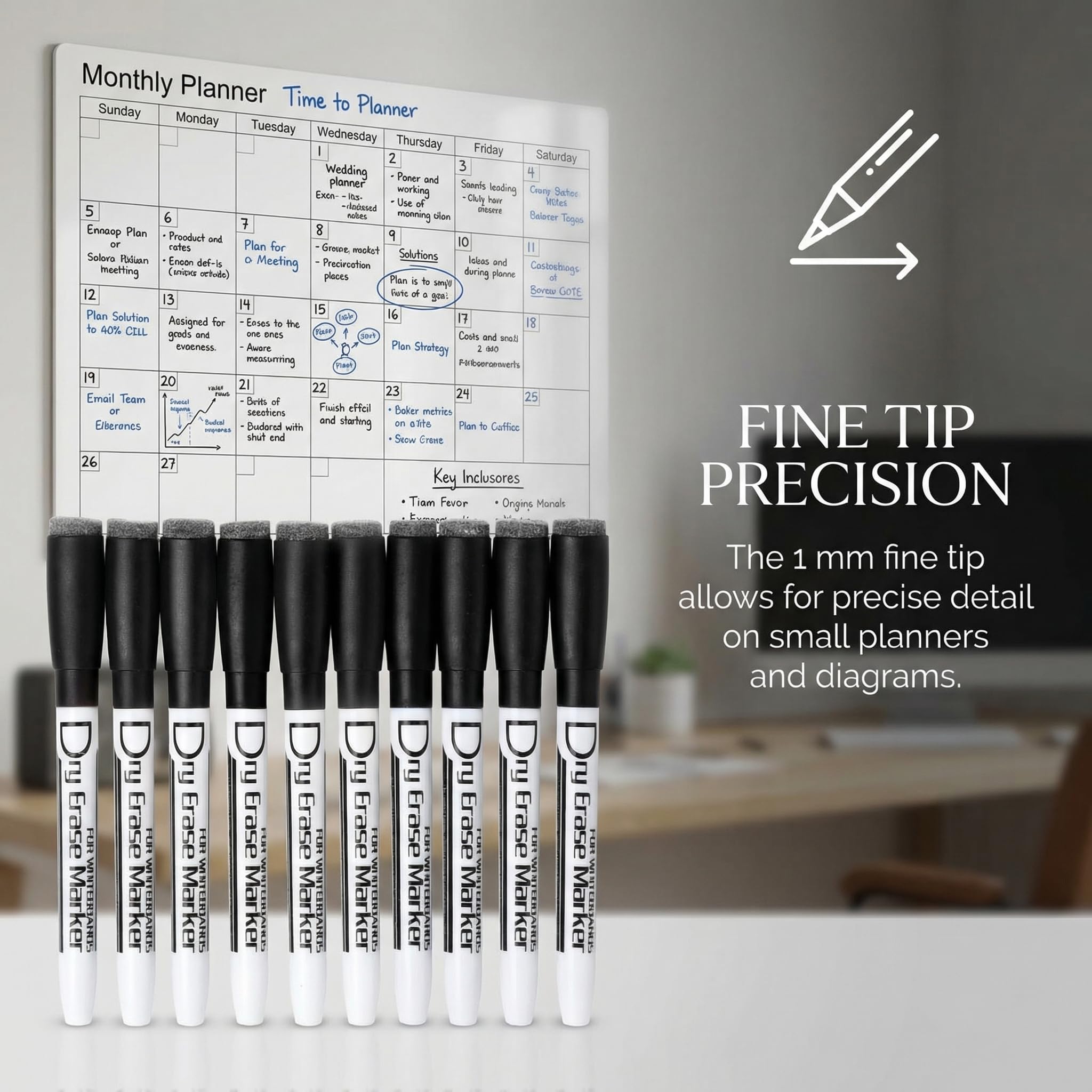 Volcanics magnetische Whiteboard-Marker mit Radiergummi, geruchsarm, feine Spitze, Schwarz, 12 Stück | Whiteboard-Stifte, präzises Schreiben für detaillierte Notizen, Planer, Etiketten und Whiteboards.