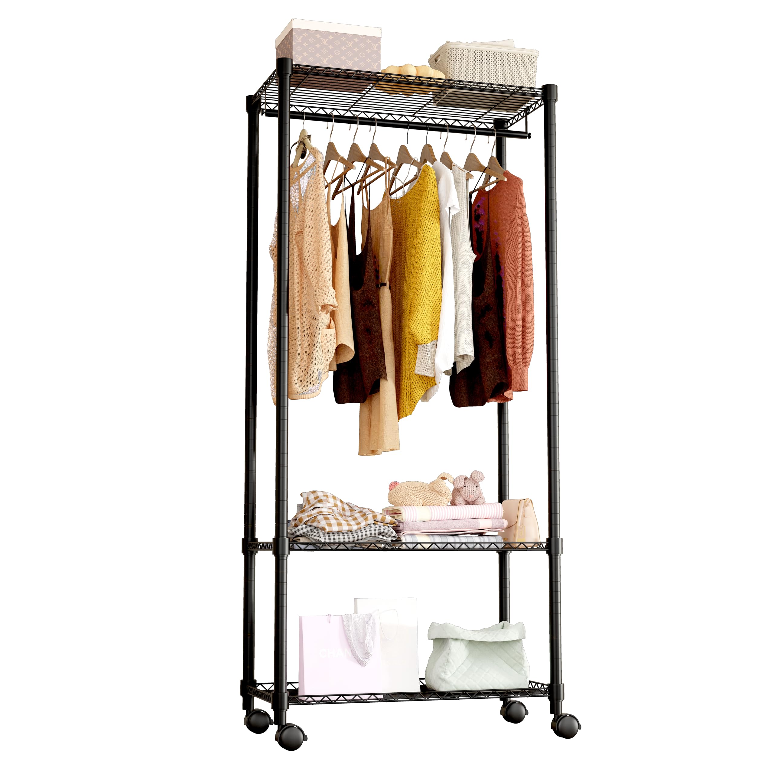 Moogiitools Heavy Duty Rolling Garment Rack 3 Tiers Adjustable with Rods,Freestanding Wardrobe Closet Storage Metal for Clothing Hanging