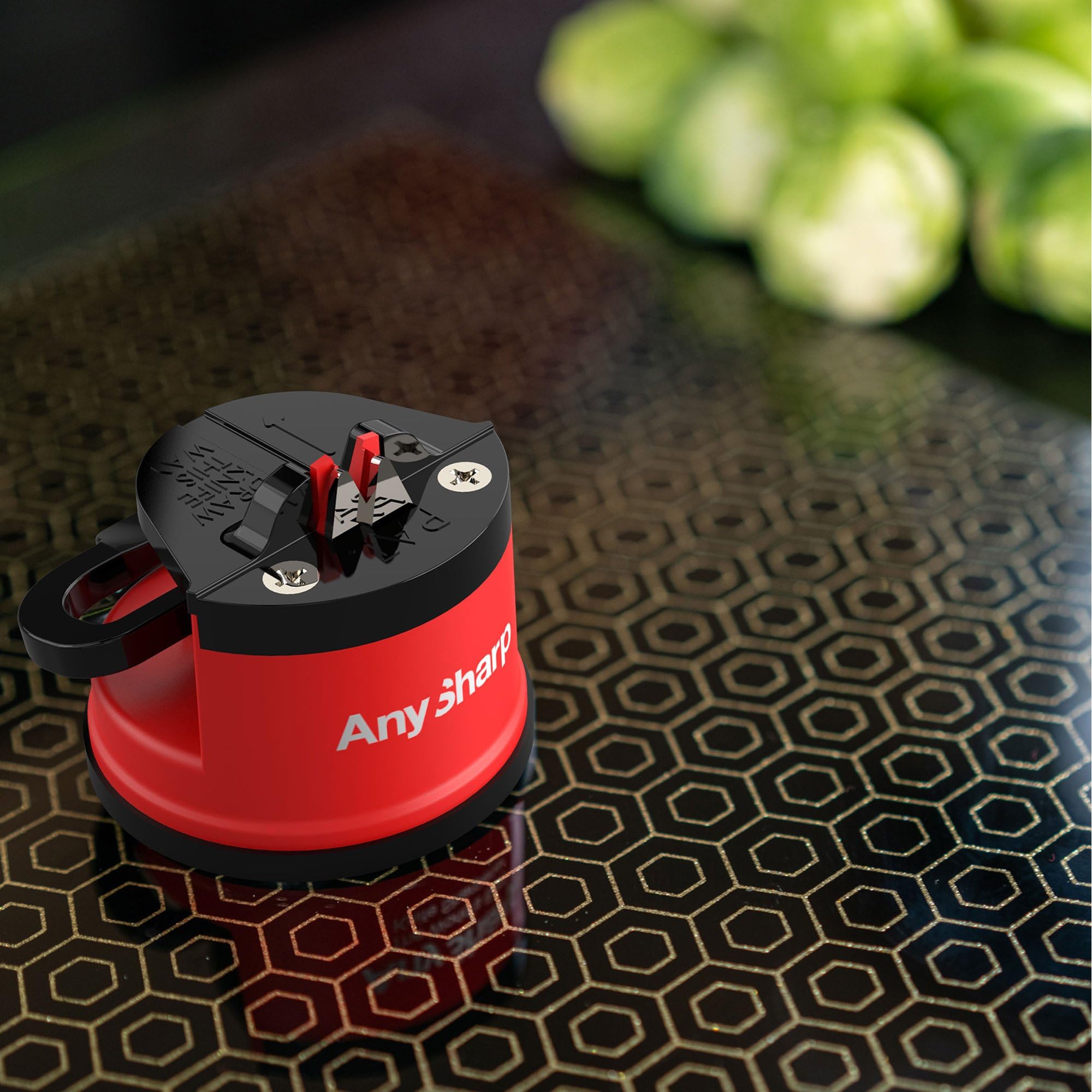 AnySharp Afilador de Cuchillos, Seguridad sin Manos, Ventosa, Afila con Seguridad Todos los Cuchillos de Cocina, Ideal para Acero Endurecido y Dentados, El Mejor del Mundo, Compacto, Rojo