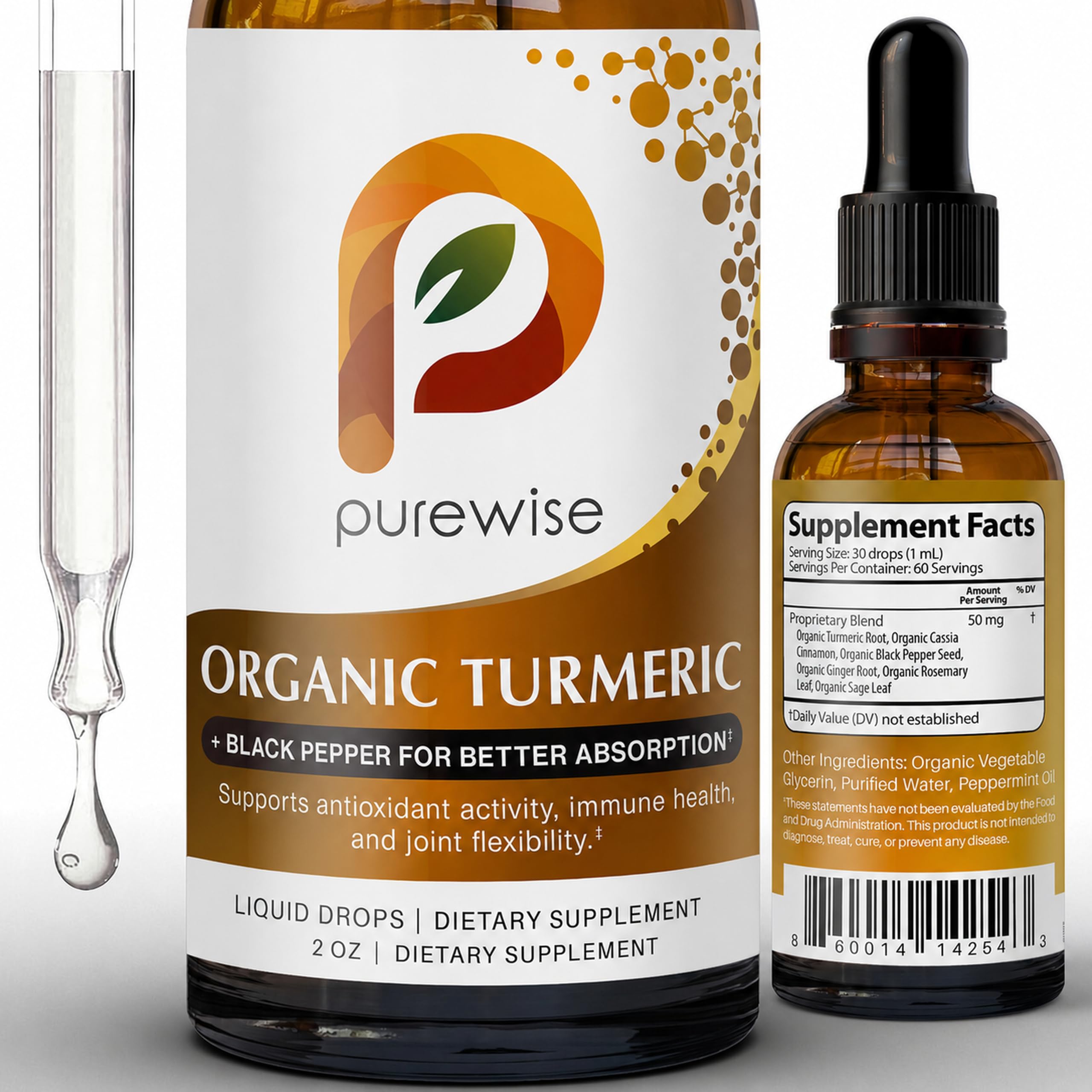 Organic Turmeric Liquid Drops with Black Pepper — Enhanced Absorption Curcumin, Joint & Immune Support, Ginger & Cinnamon Blend — 2 fl oz