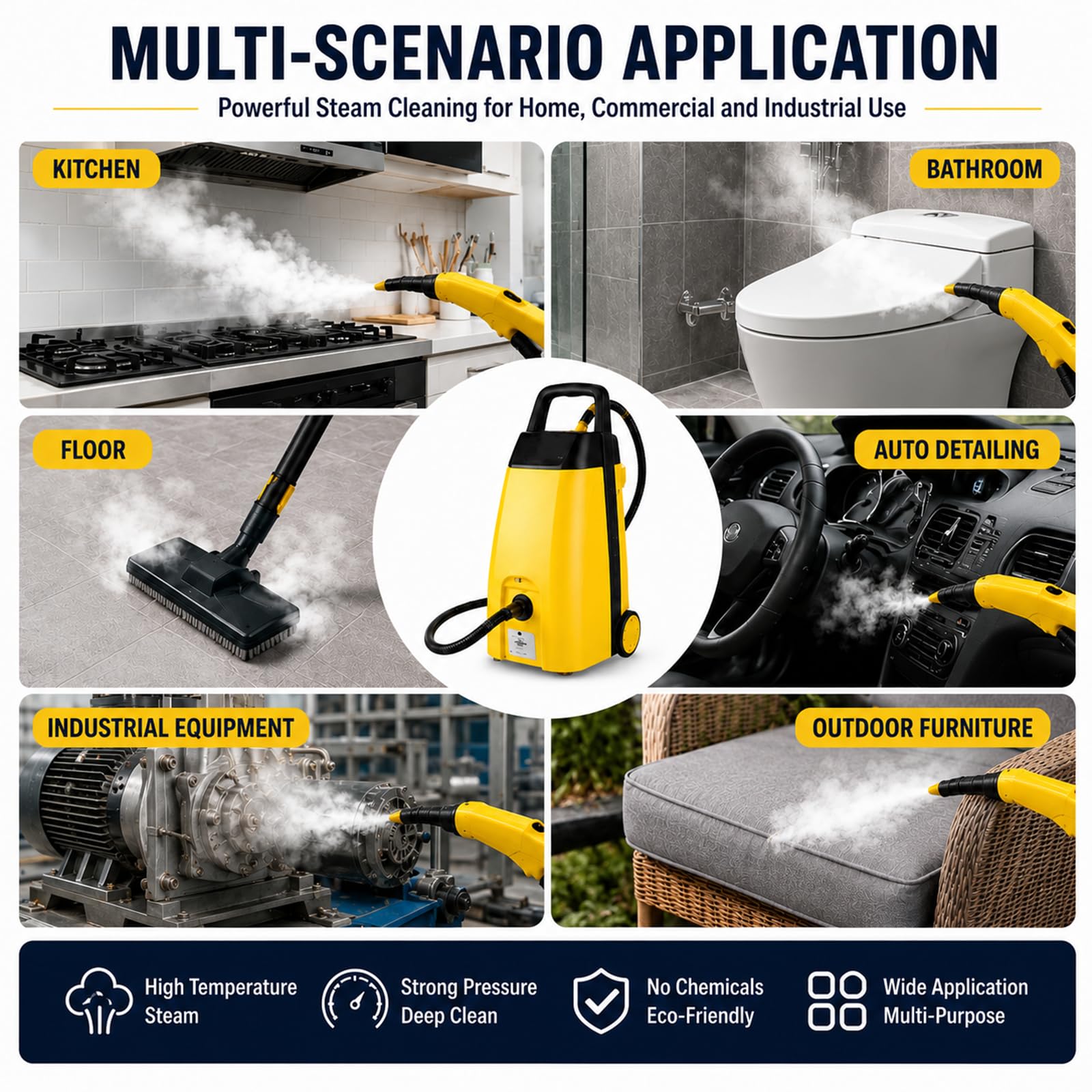 Limpiador a Vapor Industrial 3000W Alta Presión, 3,5L Yellow | Gran Depósito y Salida Regulable para Motor, Restaurantes, Equipos, Suelos Duros, Azulejos, Talleres y Uso Profesional