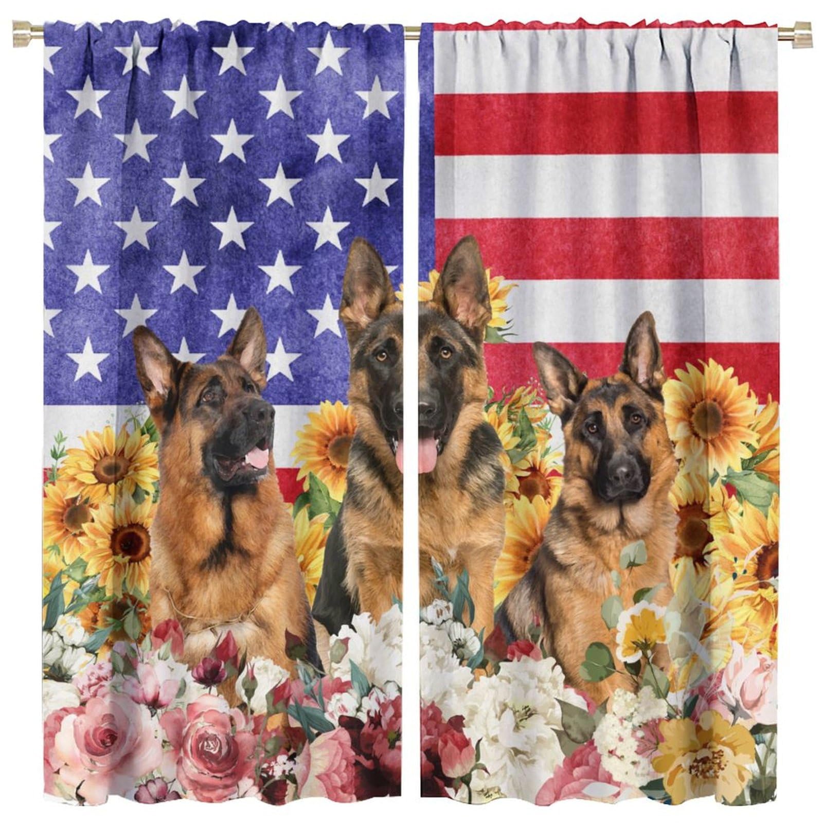 Brebasf Watercolor American Flag German Shepherd Window Drapes Rustic Spring Farm Green Leaf Floral Sunflower Curtains Thermal Insulated Rod Pocket