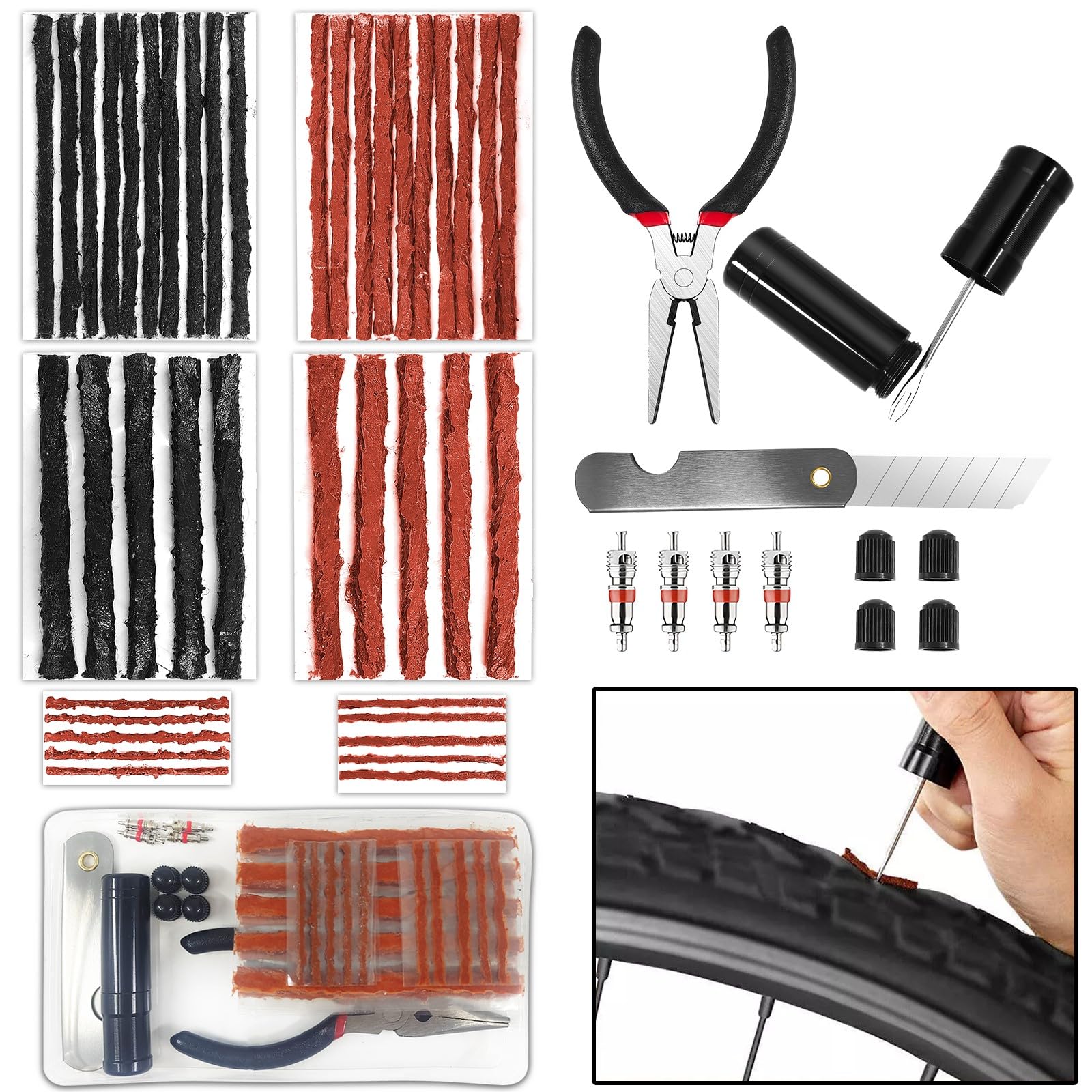 Ysimple Tubeless Reparaturset, 51 Stück Fahrradreifen Pannen Set, Inklusive Klebeband, Zange, Gabelbohrer, Tubeless Tyre Patch Set, Tubeless MTB Repair Kit Bicycle Tools, Tubeless Flicken for Bike