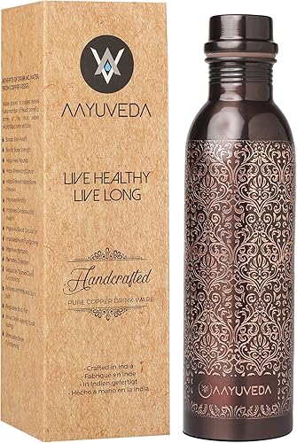 AAYUVEDA Botella de agua potable de cobre puro hecha a mano, botella de agua ayurvédica de cobre, 30 onzas