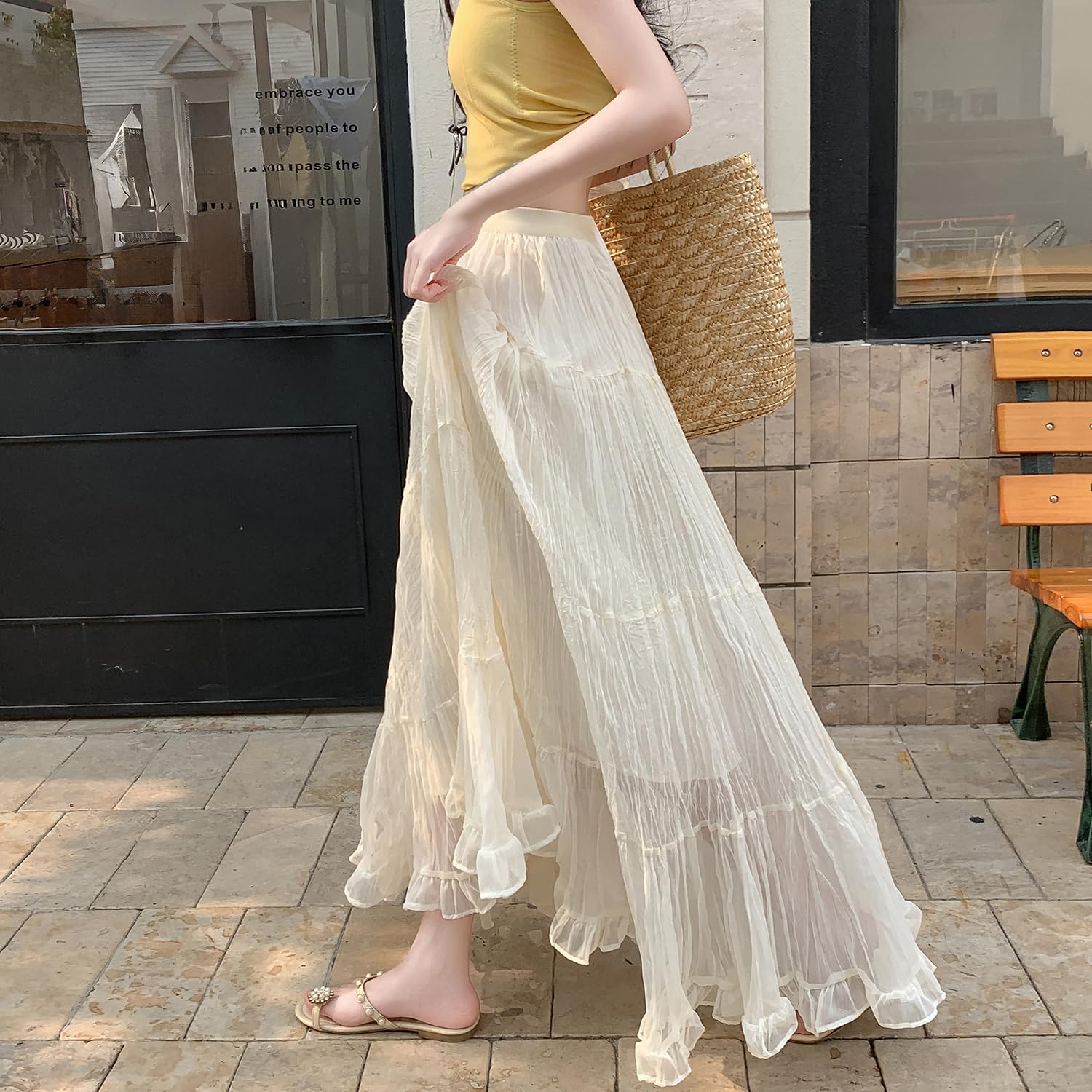 Gonna Lunga Carina Donna Vita Alta A Linea Fluida Pieghettato Vita Elastica Estate Boho Maxi Gonne Solida Colore Skirt