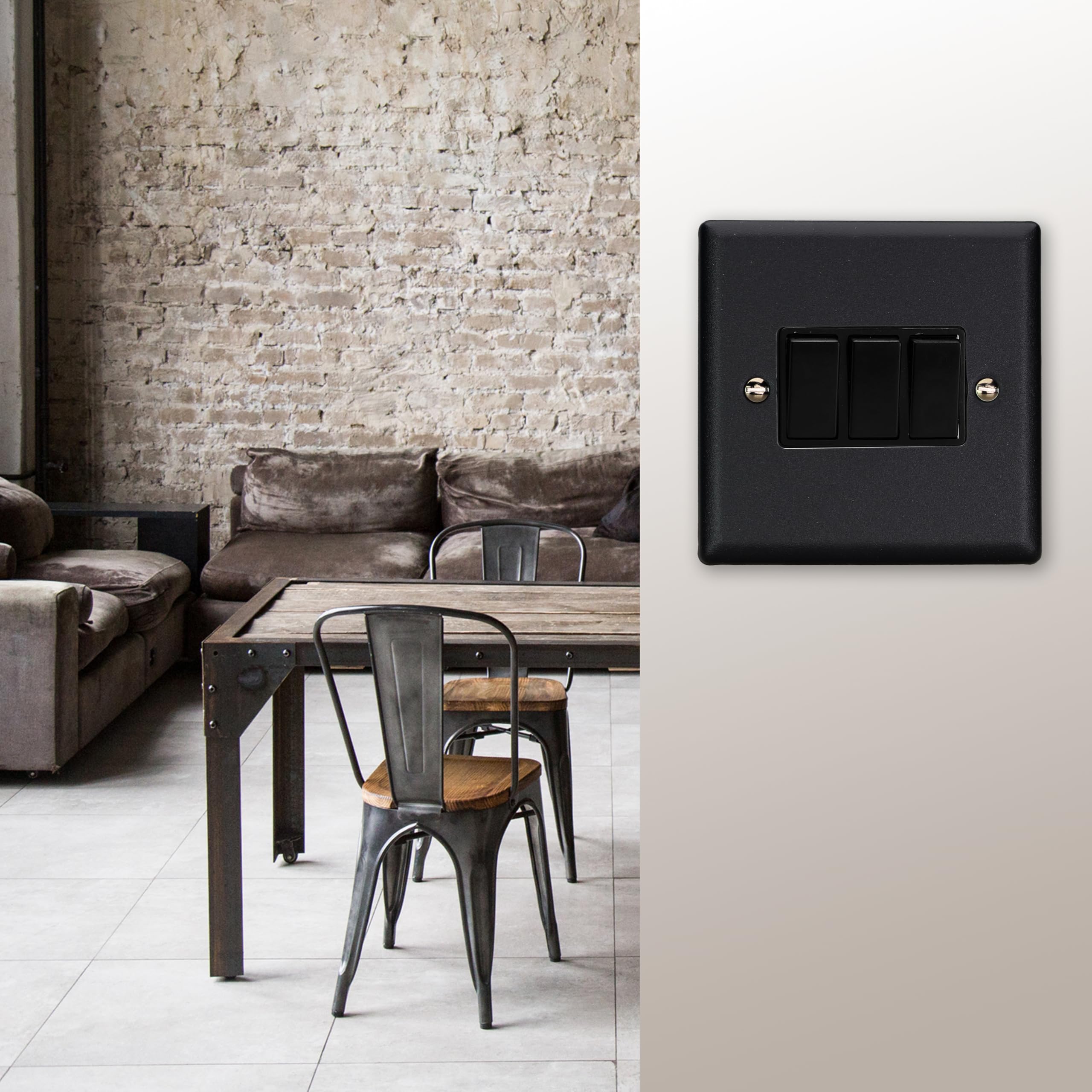Varilight Triple Rocker Light Switch 2-Way - Urban Matt Black With Black Rockers, XY3B.MB, 91x91x25mm - Image 2
