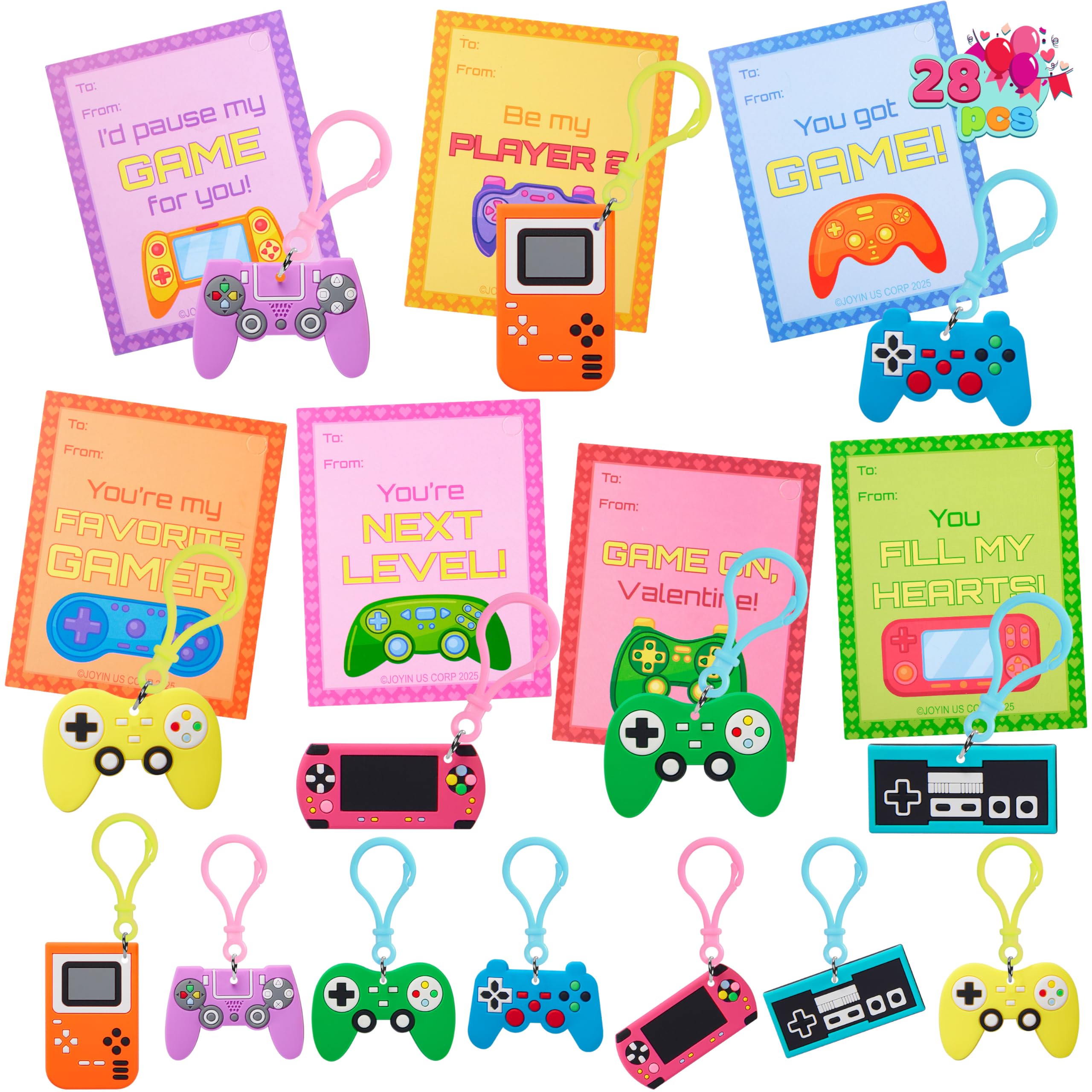 JOYIN 28 Pcs Valentines Day Gift Cards with Video Game Keychains, Multi Colored Keychains & Cards with 7 Designs, Valentine Treat Goodie Bag Stuffers