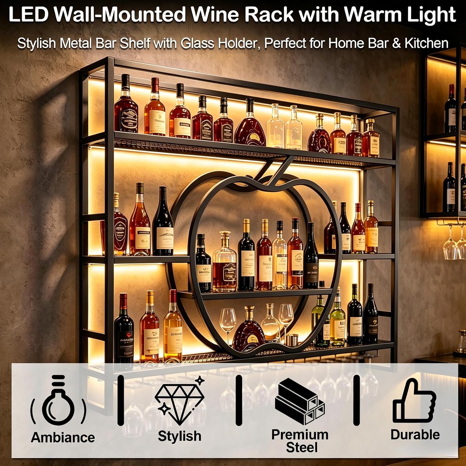 39.3in Wall Mounted Wine Rack with LED Light, Apple Shape 3 Tier Floating Bar Shelves, Gold Metal Wine Bottle & Glass Holder, Large Capacity Liquor Shelf for Home Bar Kitchen Dining Room image 3
