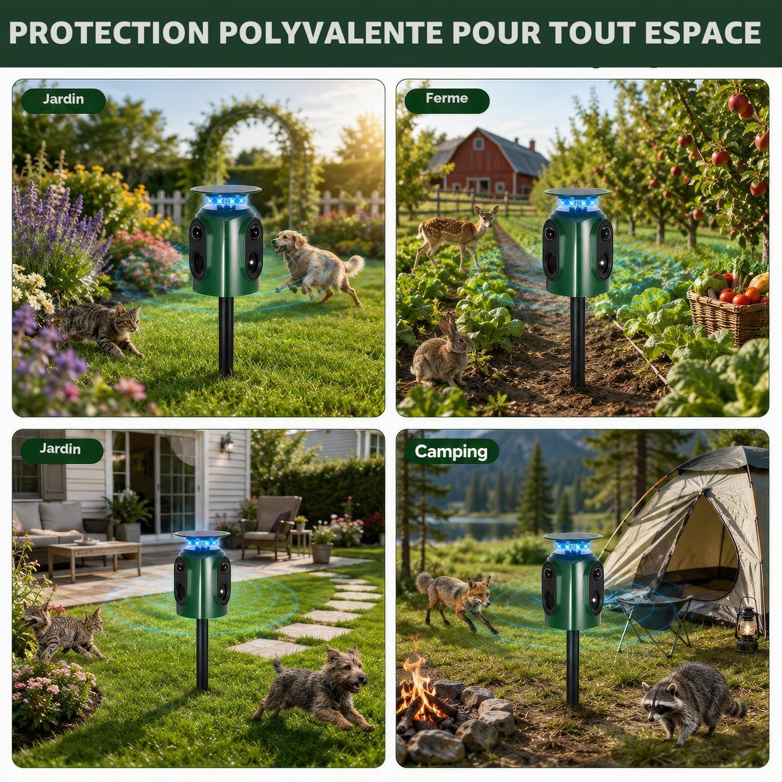 Répulsif pour chats à ultrasons solaire, répulsif pour chats à 360° pour le jardin, répulsif à ultrasons pour animaux avec détecteur de mouvement et voyant lumineux, étanche IP65, portée de 10 m