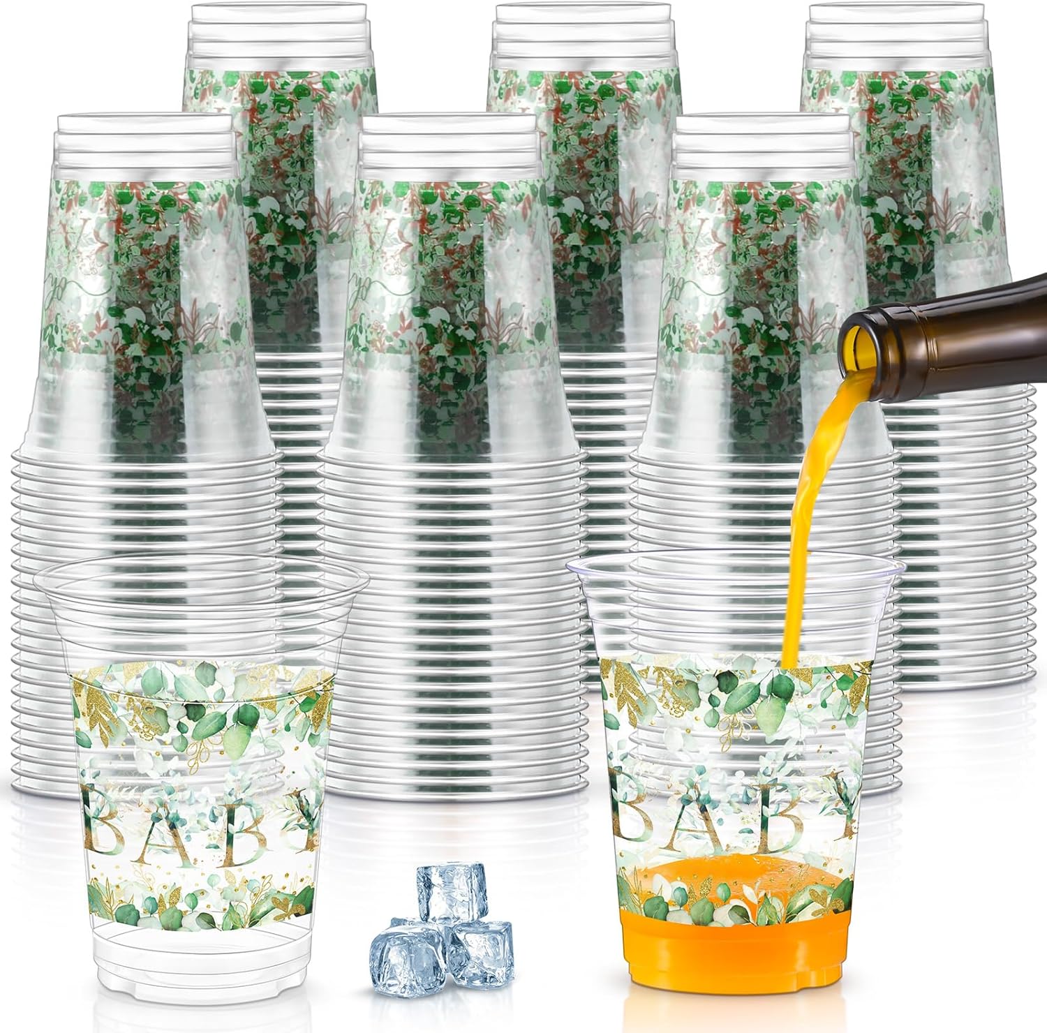 Jinei 60 Pcs Eucalyptus Baby Shower Supplies 16 oz Plastic Cups Bulk Sage Green Baby Shower Disposable Cups for Birthday Party Favors Gender Reveal Decorations