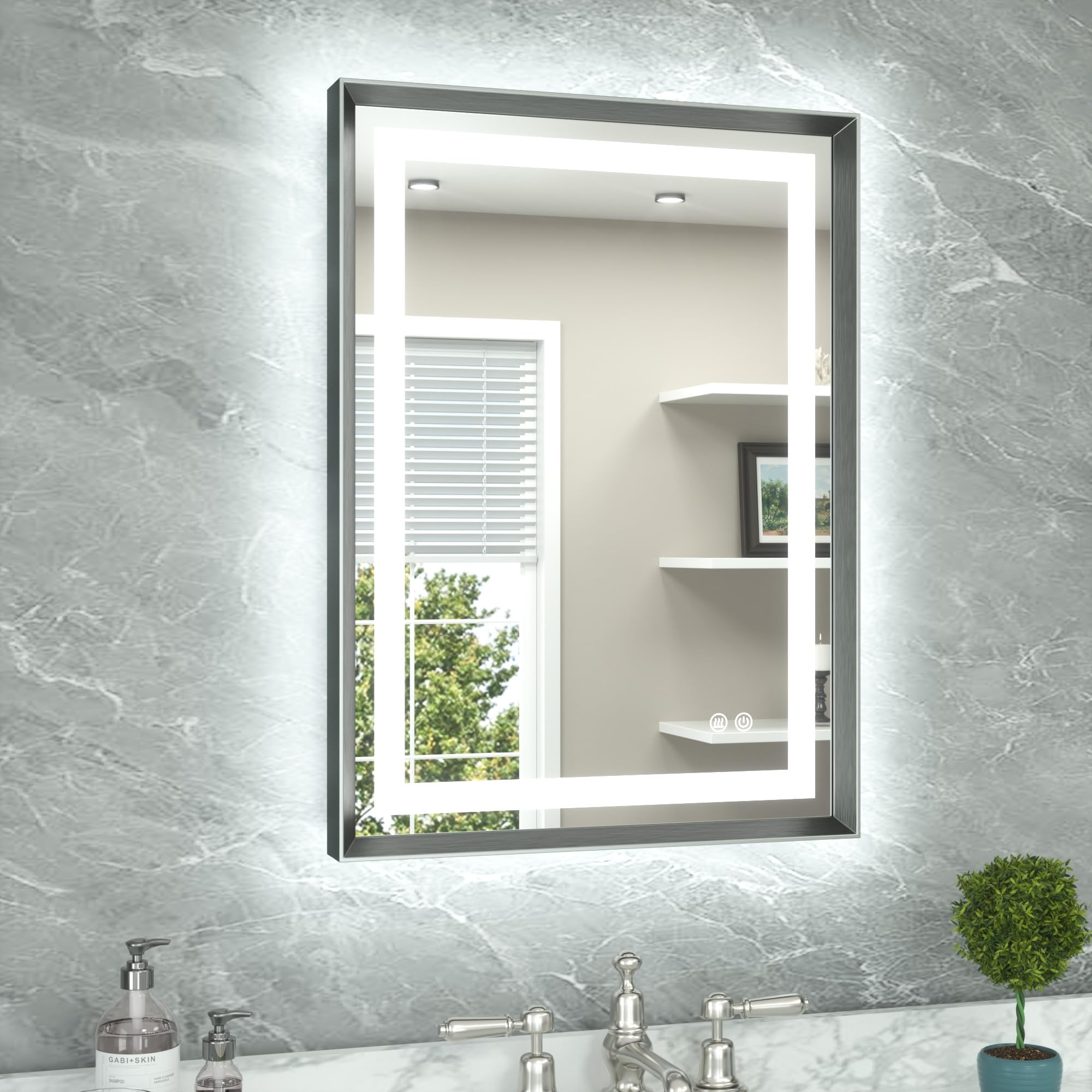 TETOTE 22 x 30 Bathroom LED Mirror Brushed Gunmetal Gray/Off‑Black Metal Frame Frontlit &amp; Backlit Vanity Mirror Anti-Fog Stepless Dimmable 3 Colors White/Warm/Natural Mirror with Lights Wall-Mounted