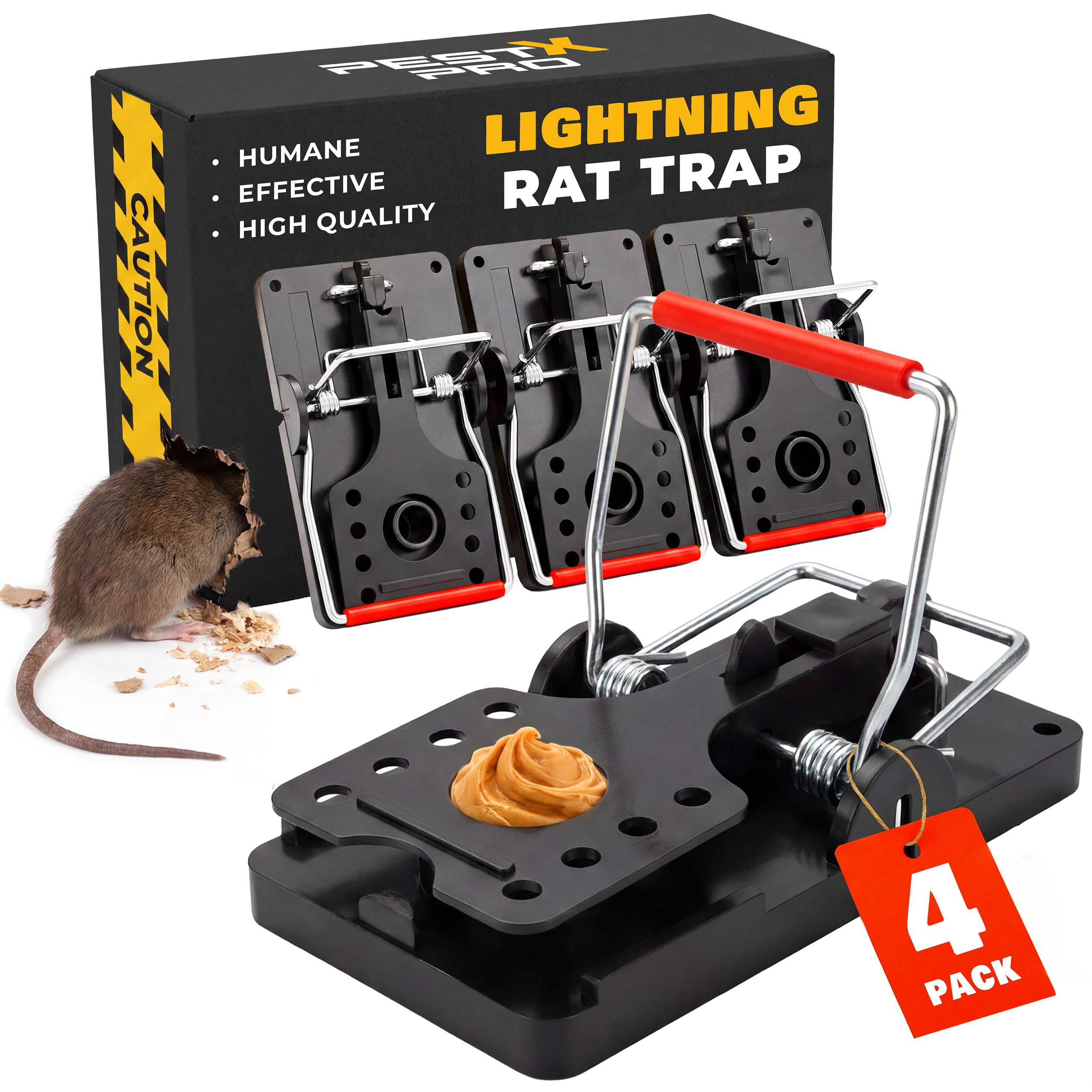 Pest-X Pro Lightning Professional Rat Traps - 4 PACK, Heavy Duty Snap Traps That Kill In A Flash, Large, Reusable Rodent & Rat Killer For Indoors & Outdoors, Rat Traps That Kill Instantly