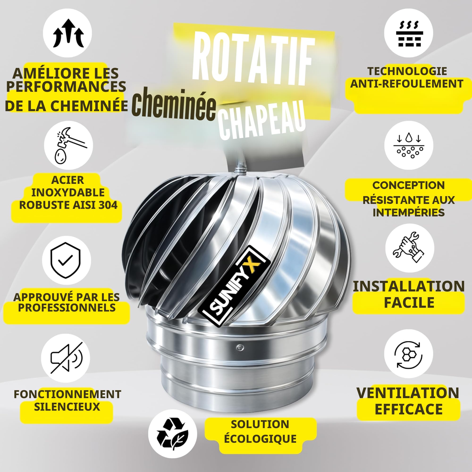 Extracteur de Fumées Rotatif Éolien Ø150 mm – Chapeau de Cheminée Anti-Refoulement – Casquette Rotative Anti-Pluie pour Conduits – Base Ronde – SUNIFY
