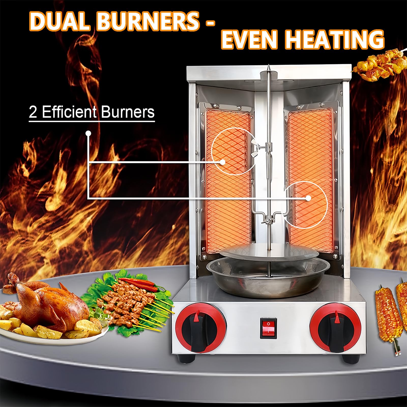 Barbacoa Vertical de Gas para Kebab y Pollo, Giroscópica con Tornillo, Máquina de Kebab, Horno de Barbacoa Vertical con Interruptor de Ajuste de Temperatura para Restaurante, Salón, Cocina,110V