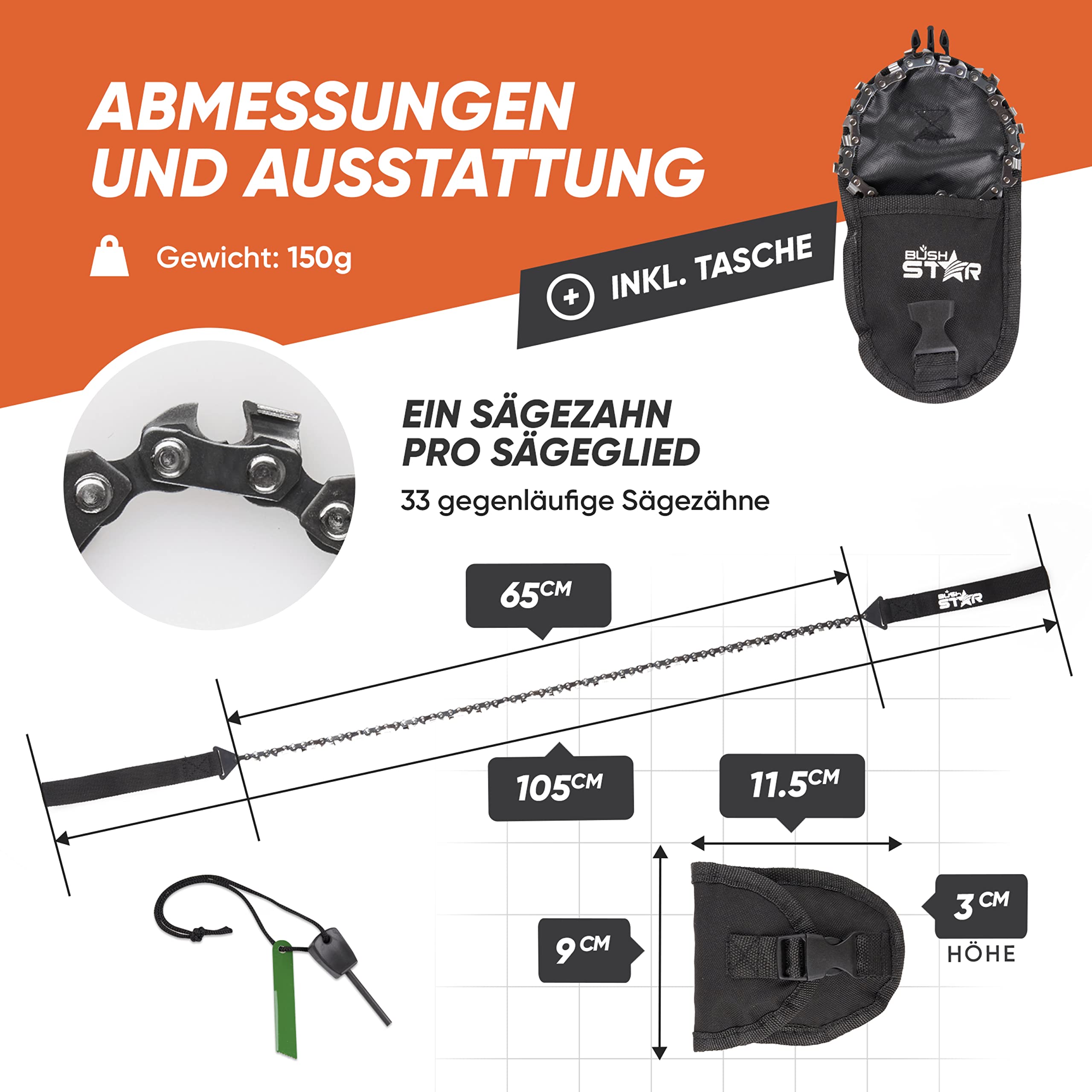 Handkettensäge mit 33 Zähnen inkl. Gürteltasche und GRATIS FEUERSTARTER Holz schnell und einfach sägen - Premium Hand-/AST-/Holz-/Gartensäge für Survival, Outdoor & Camping