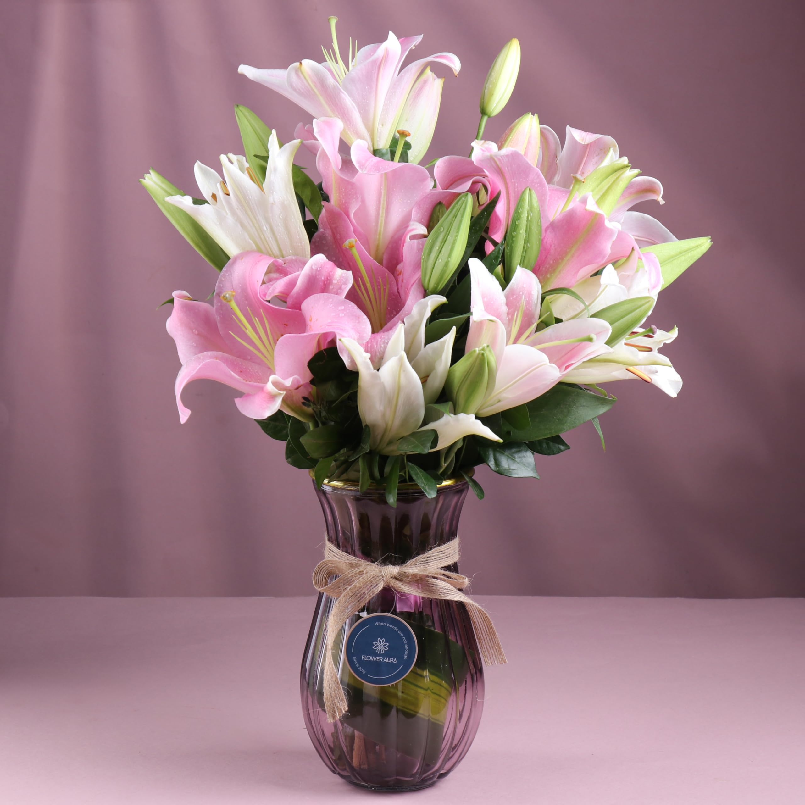 FlowerAura Fresh Live Flower Bouquet of 12 White & Pink Lilies Flowers In Vase For Birthday Gift, Anniversary Gift, Wedding Gift, Congratulations Gift & Gift For Special Occasions (Same Day Delivery)-image-12