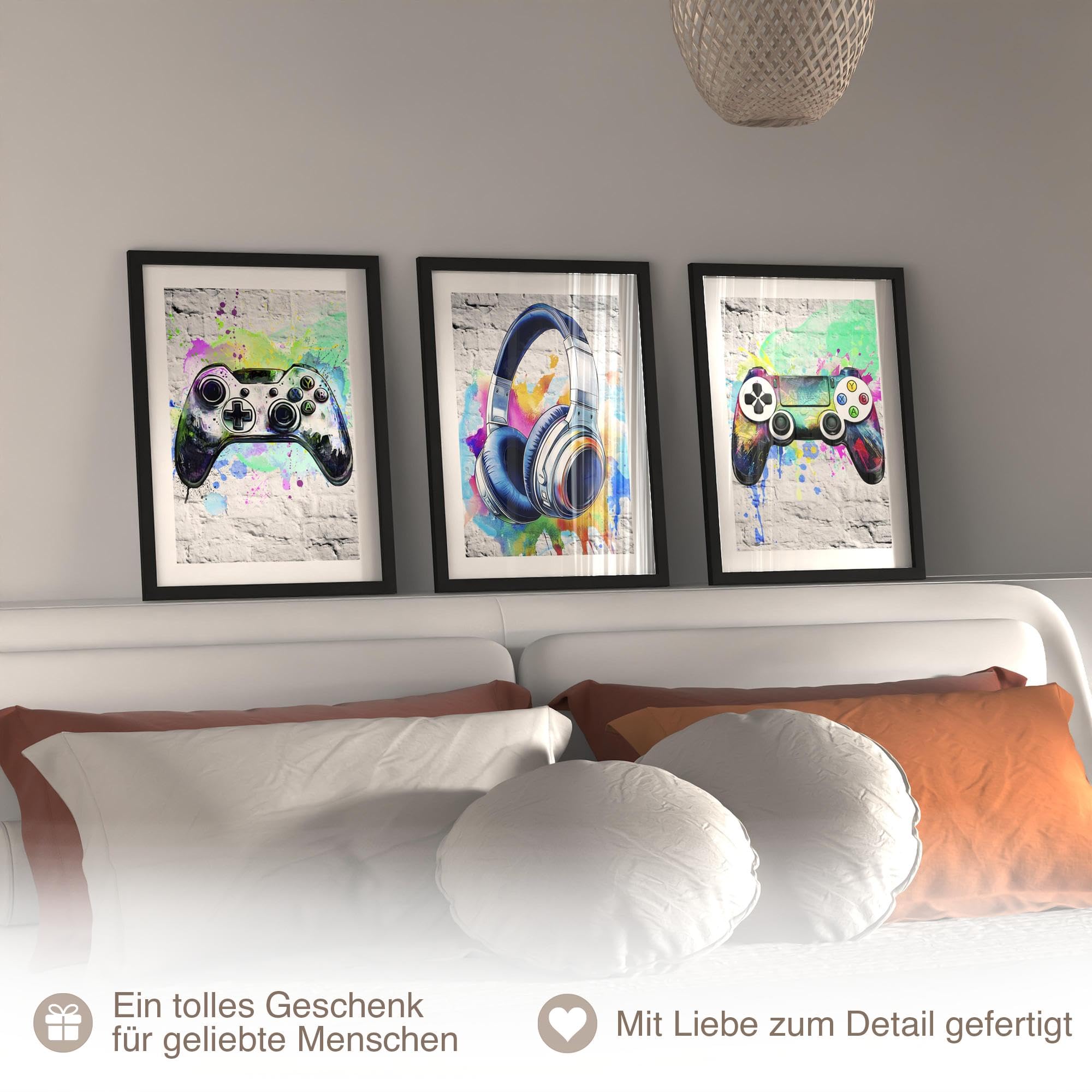 Novart Set di Stampe Murali Gamer per Stanza dei Ragazzi - Cornici Incluse - Stile Moderno - 3 Pezzi Bianco - N138735aR2