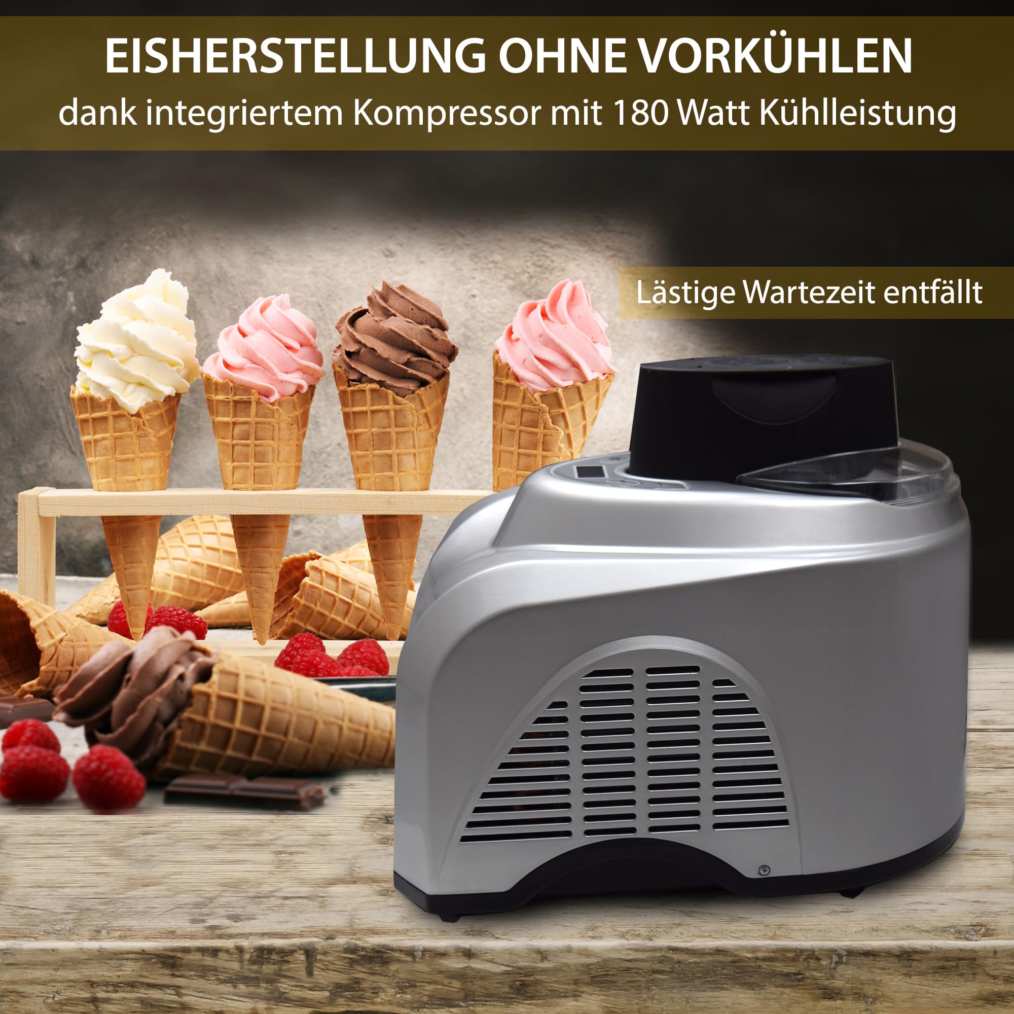 Gino Gelati Eismaschine mit Kompressor Zentoria Eiscreme Maschine Eisbereiter, 1 Liter Kapazität. 180 Watt, Edelstahl, Silbernes Design, leichte Reinigung