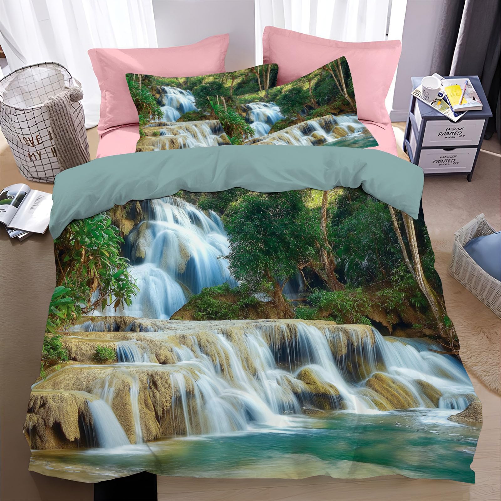 Linge de lit émeraude motif cascade en microfibre douce et zippée de qualité