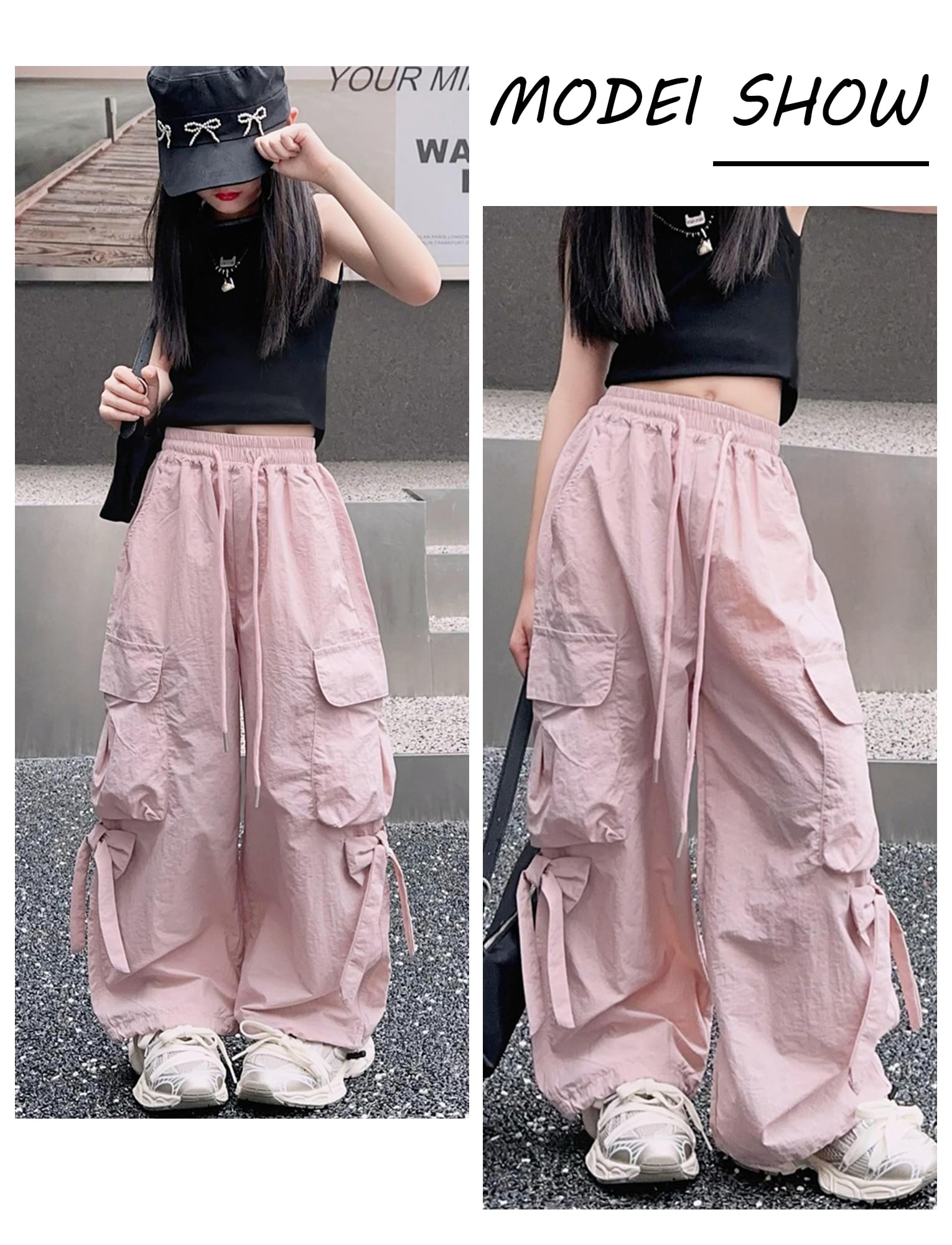 SEAUR Cargo Hose Mädchen Freizeithose Baggy Hip Hop Hose mit Gummibund Schleife Leicht Dünn Sommerhose 4 Taschen Freizeit Streetwear Kinder 5-14 Jahre