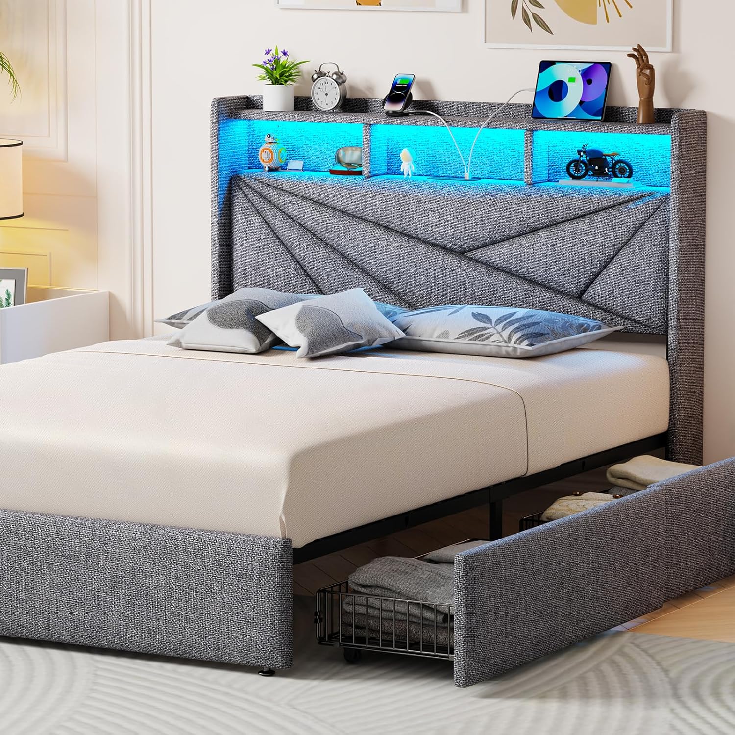 King Size Bed Frame with 4 Storage Drawers, Upholstered King Bed Frame with Charging Station and LED Lights Headboard, No Box Spring Needed, Easy Assembly - Light Grey Light Grey King (U.S. Standard)