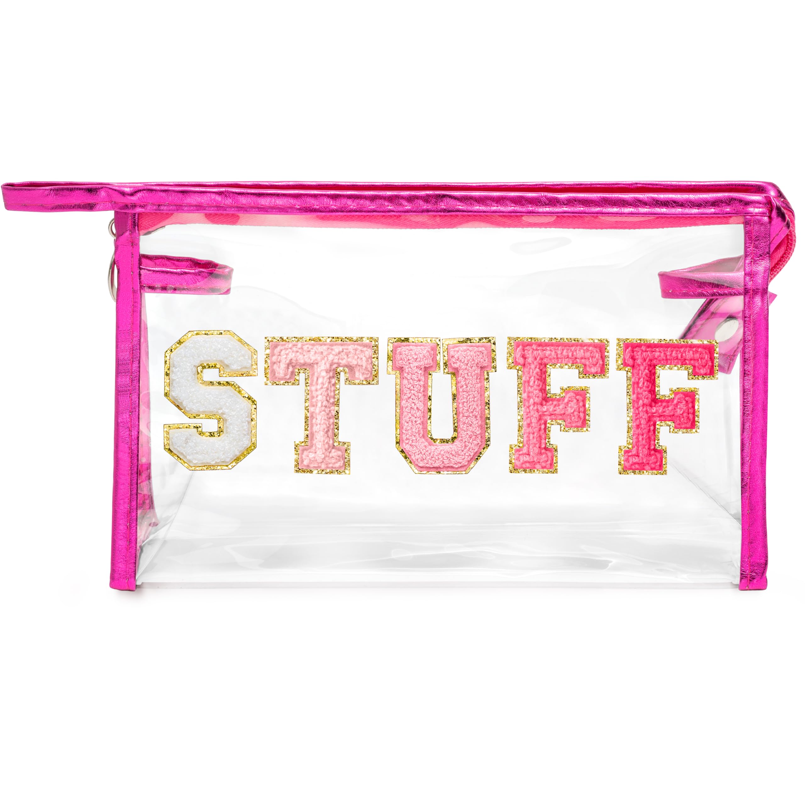 Y1tvei STUFF Large Makeup Bag - Preppy Patch Chenille Varsity Letter Transparent PVC Clear Extra Large Cosmetic Pouch Portable Waterproof Travel