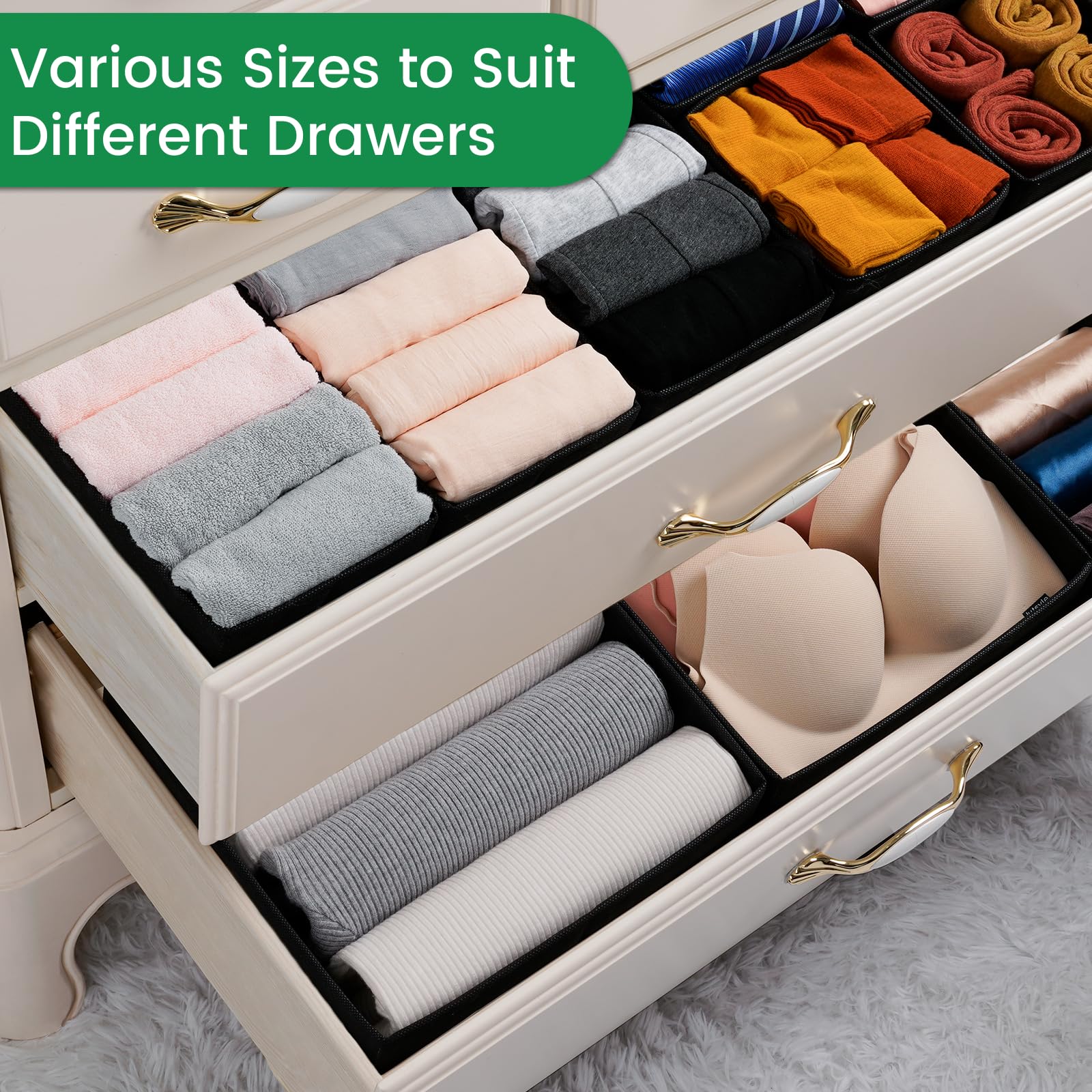 Lot de 16 organiseurs de tiroir pour sous-vêtements – Boîte de rangement pliable en tissu pour vêtements, commodes, séparateurs de tiroir pour vêtements, écharpes (noir)