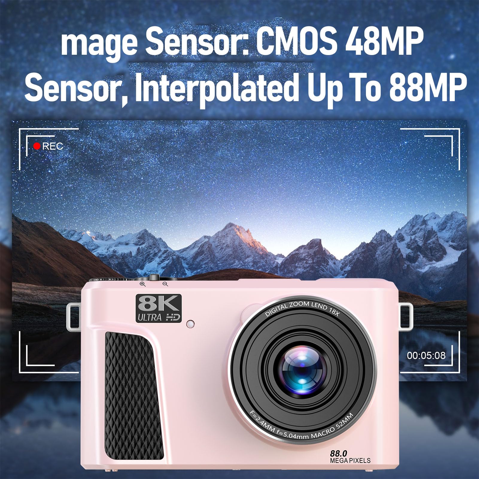 Dpofirs Camera Digitale 8k per Fotografia, Fotocamera Vlogging WiFi da 88 MP, Zoom Digitale 18x, con Schermo a Flip da 180 Gradi da 3 Pollici, con Tappo per Lenti, Videocamere, per (PINK)