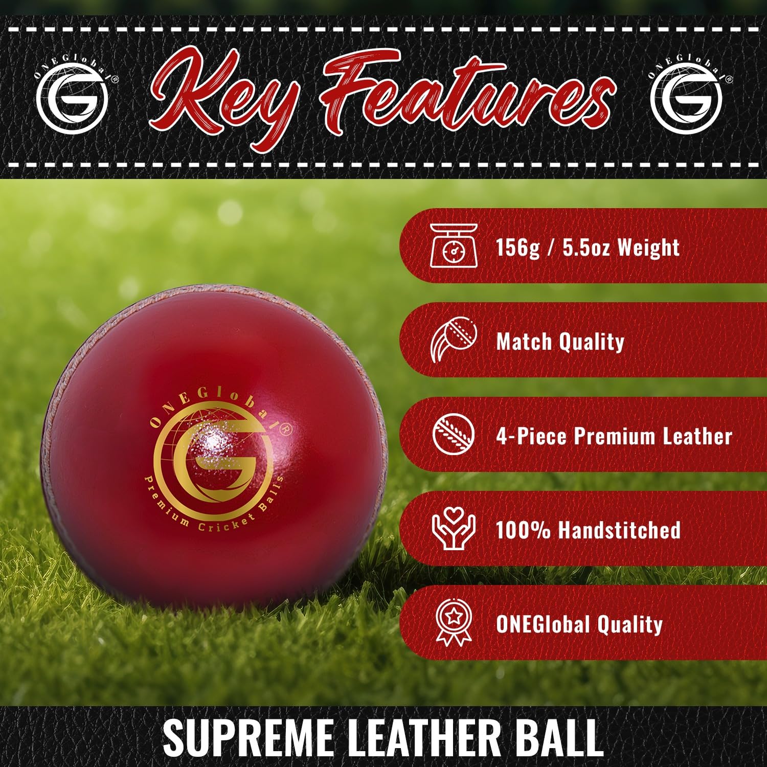 Supreme Cricketball aus echtem Leder, Lederball mit handgenähter Naht, hochwertige harte Bälle für Club- und Liga-Spiele (Senioren, 156 g, Junioren 135 g, Damen 142 g)