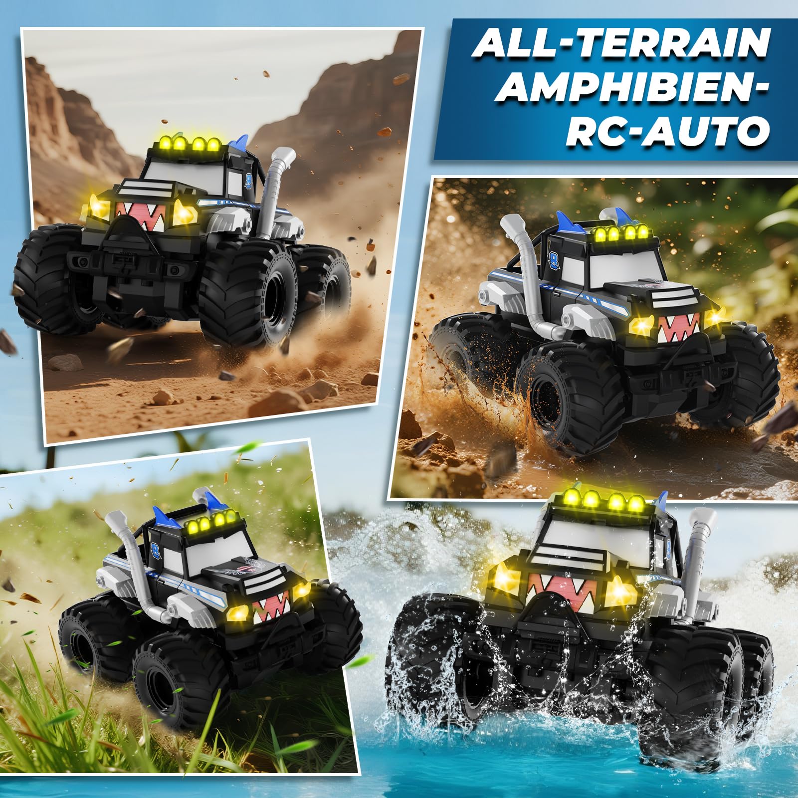 Amphibienfahrzeug Ferngesteuertes Auto ab 6 Jahre - 2.4GHz Monstertruck ferngesteuert RC Truck 30 km/h mit LED-Leuchten, 360°Rotation, Maßstab 1:16, 2 Akkus, Geburtstagsgeschenk für Jungen, Schwarz