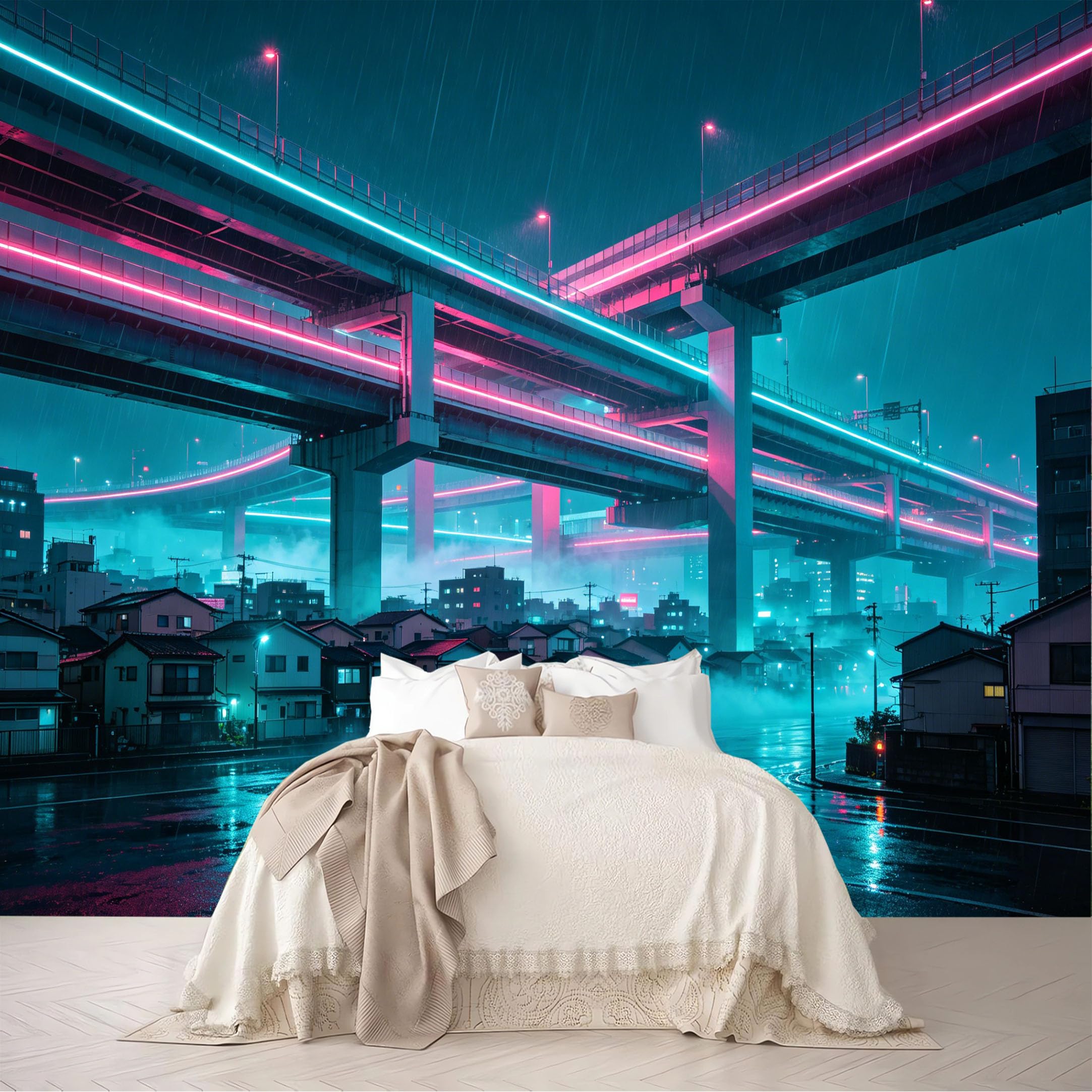 Dskjoviality Ab260706015 Custom Size Wall Mural Neon Rainy Overpass Cyberpunk City Night Scene Removable Self Adhesive Peel And Stick Wallpaper For Bedroom Living Room