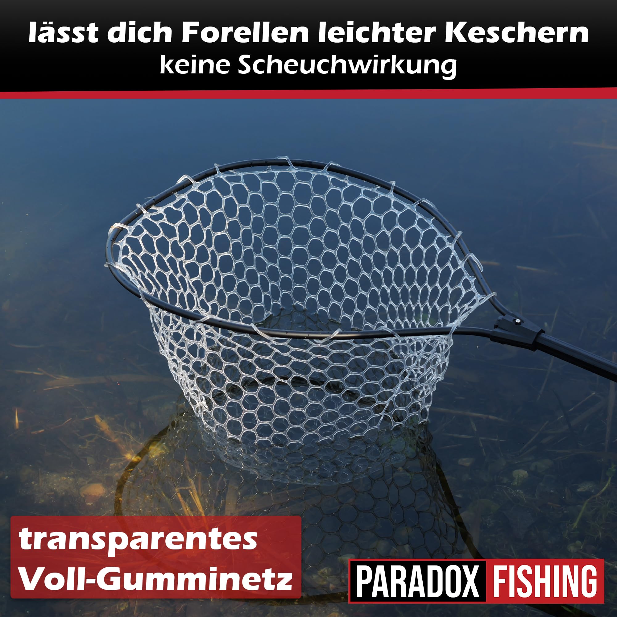 Paradox Fishing Retino per trote, 1,9 m, per laghetto trota, rete in gomma trasparente per un minimo effetto abrasivo, retino telescopico delicato sui pesci, 50 x 45 x 45 cm, testa rimovibile e manico