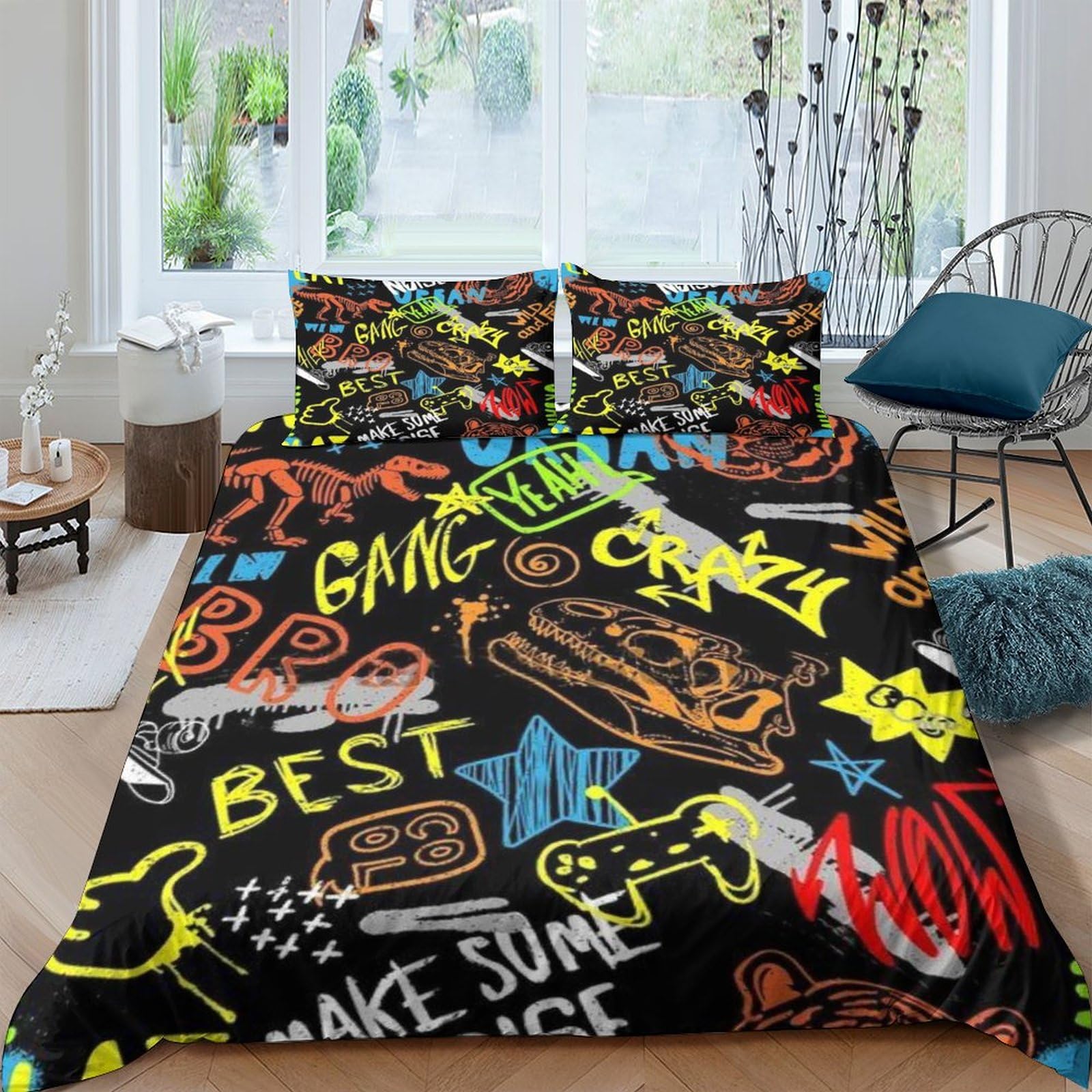 Housse de couette dinosaure 3D 200x200 cm en microfibre avec ses deux taies d'oreiller