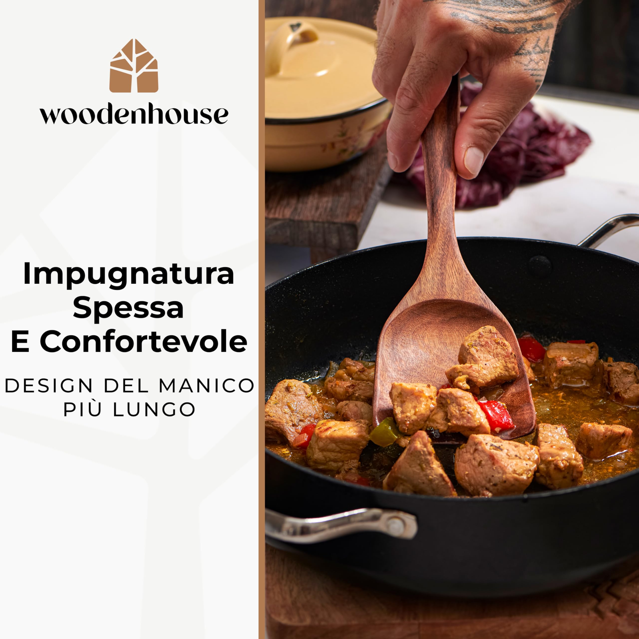 Woodenhouse - Set di 12 Pezzi di Utensili da Cucina in Legno di Teak con Supporto, Porta Cucchiaio e Ganci Nonstick