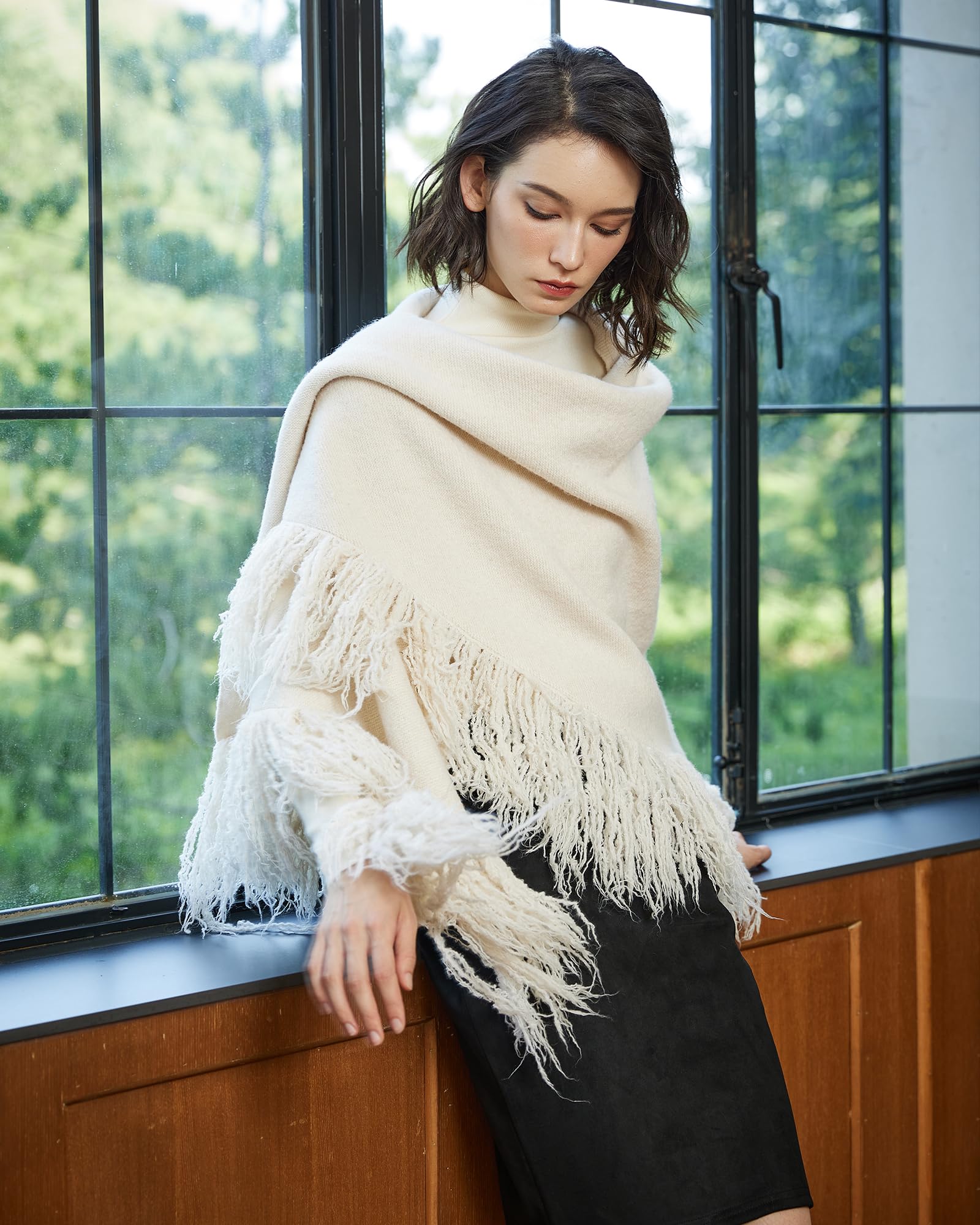 BEAUTELICATE Bufanda de Mezcla de Lana Mujer Capa Poncho de Punto Triangular Pashmina Chales con Flecos para Otoño Invierno Talla Grande