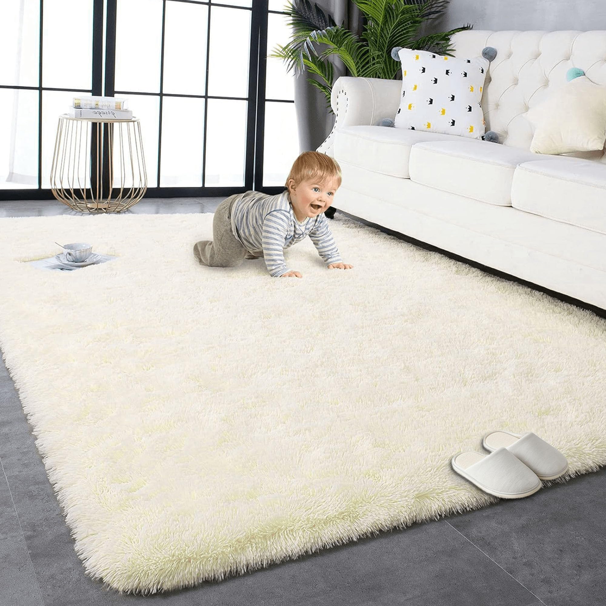 GUOYFEN Low Pile Area Rug 270 x 350 cm Fluffy Floor Carpets Bedside Rug Durable for Kids Hallway Living Room, Cream Color