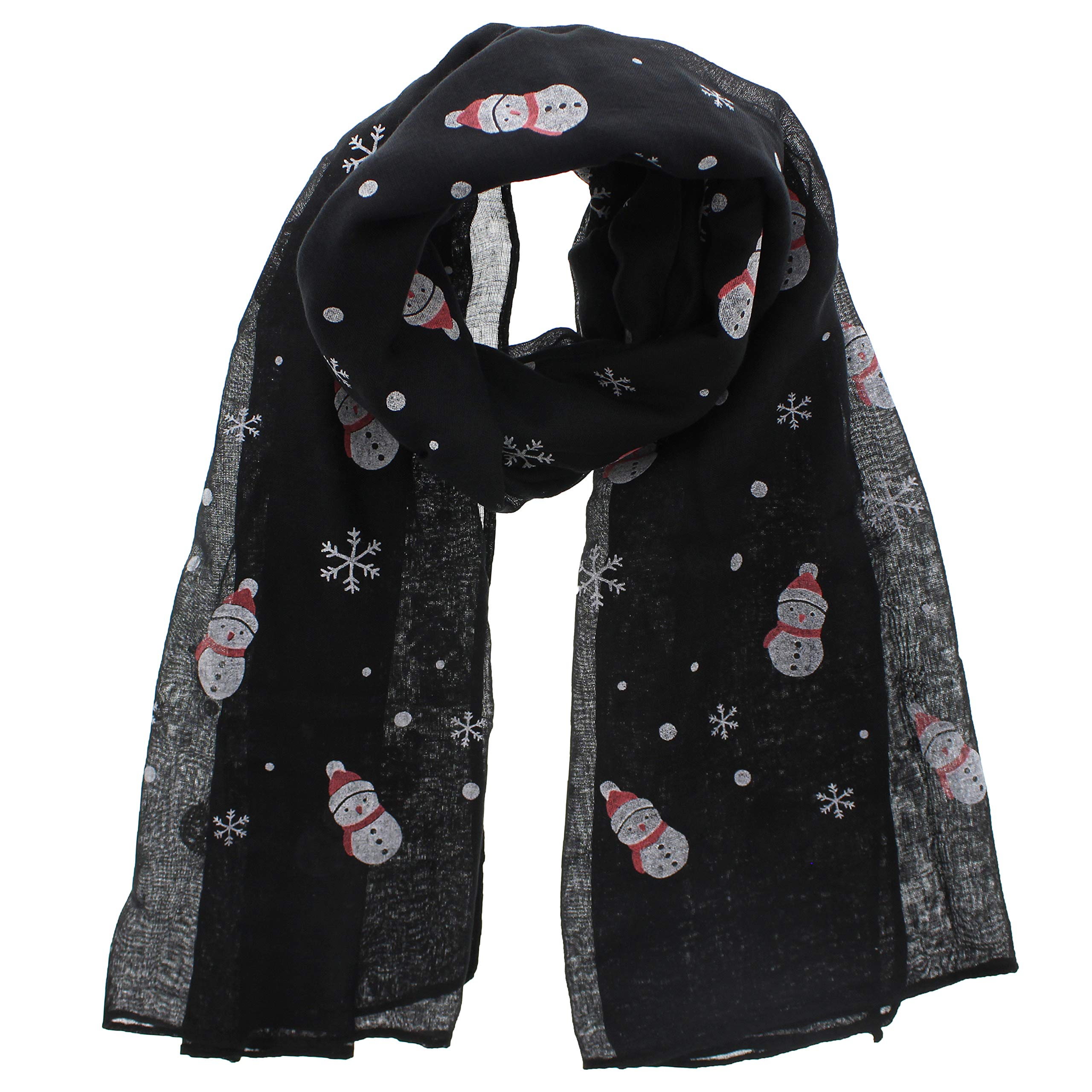 Zac's Alter Ego Women's Black Lightweight Christmas Scarf With Snowflakes & Snowmen Print