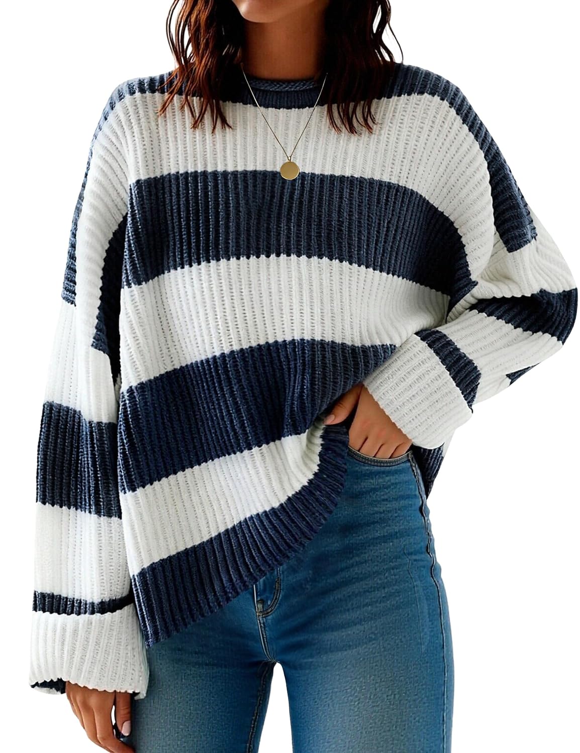 Women Striped Color Block Sweaters Crewneck Pullover Long Sleeve Kintted Fall Winter Jumper Tops Navy White Large