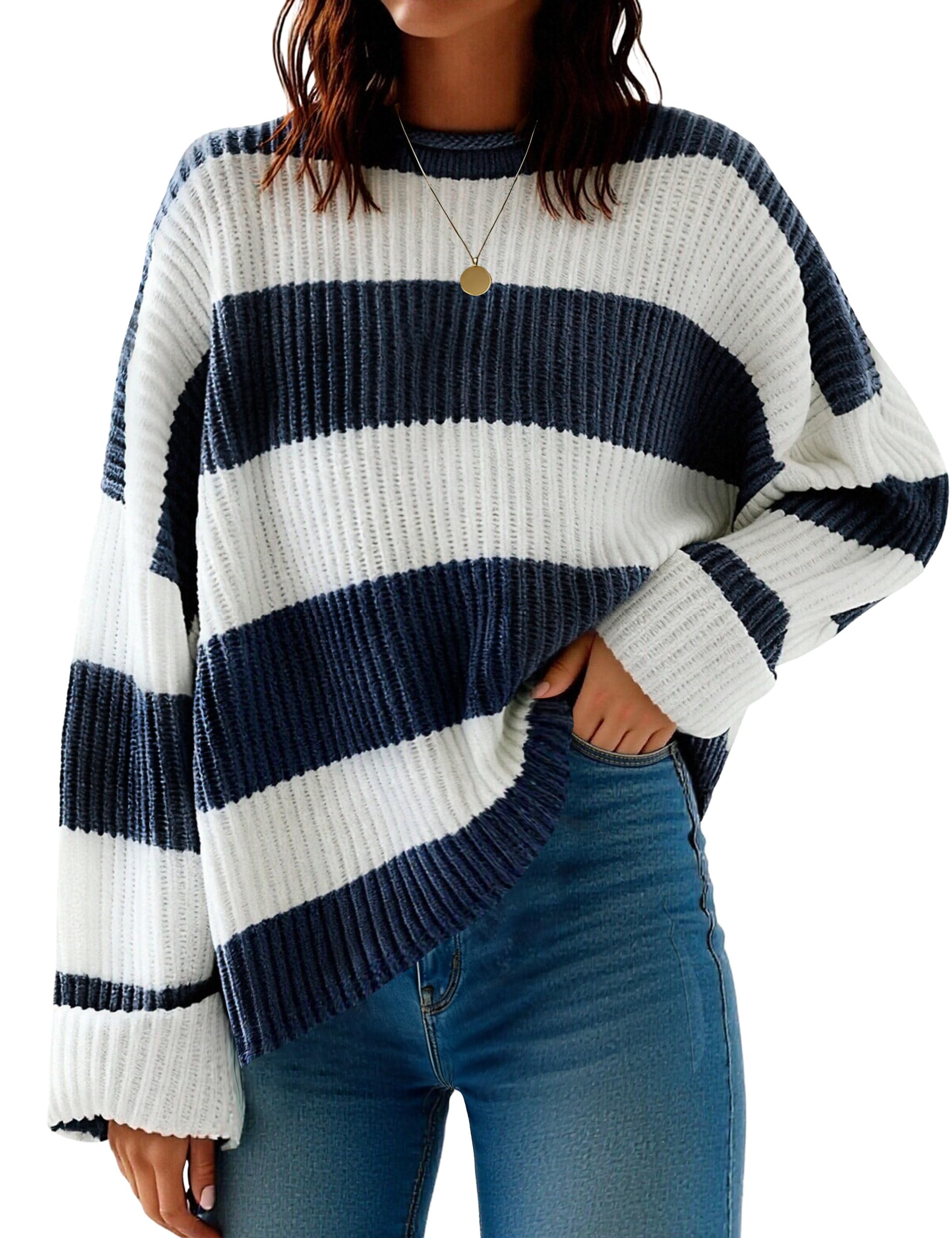 Women Striped Color Block Sweaters Crewneck Pullover Long Sleeve Kintted Fall Winter Jumper Tops Navy White Large