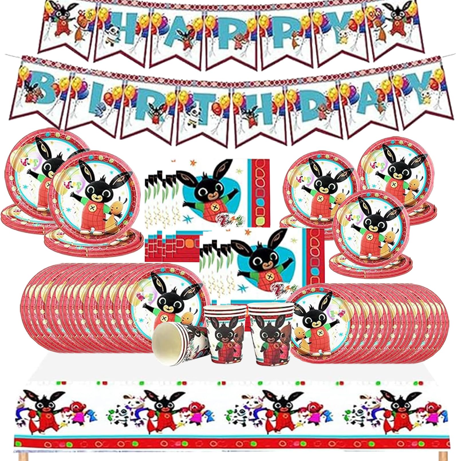 82 Pezzi Bunny Stoviglie per Feste di Compleanno，Addobbi Compleanno Bunny，Tovaglia，Striscione，Piatti Carta，Adatto a 20 persone