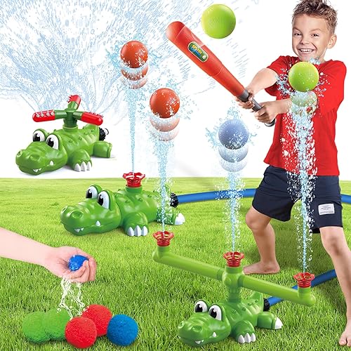 Juego de aspersores de agua 4 en 1 para niños y juguete de bola de agua, rociador de béisbol de cocodrilo para patio trasero, juguetes de verano al
