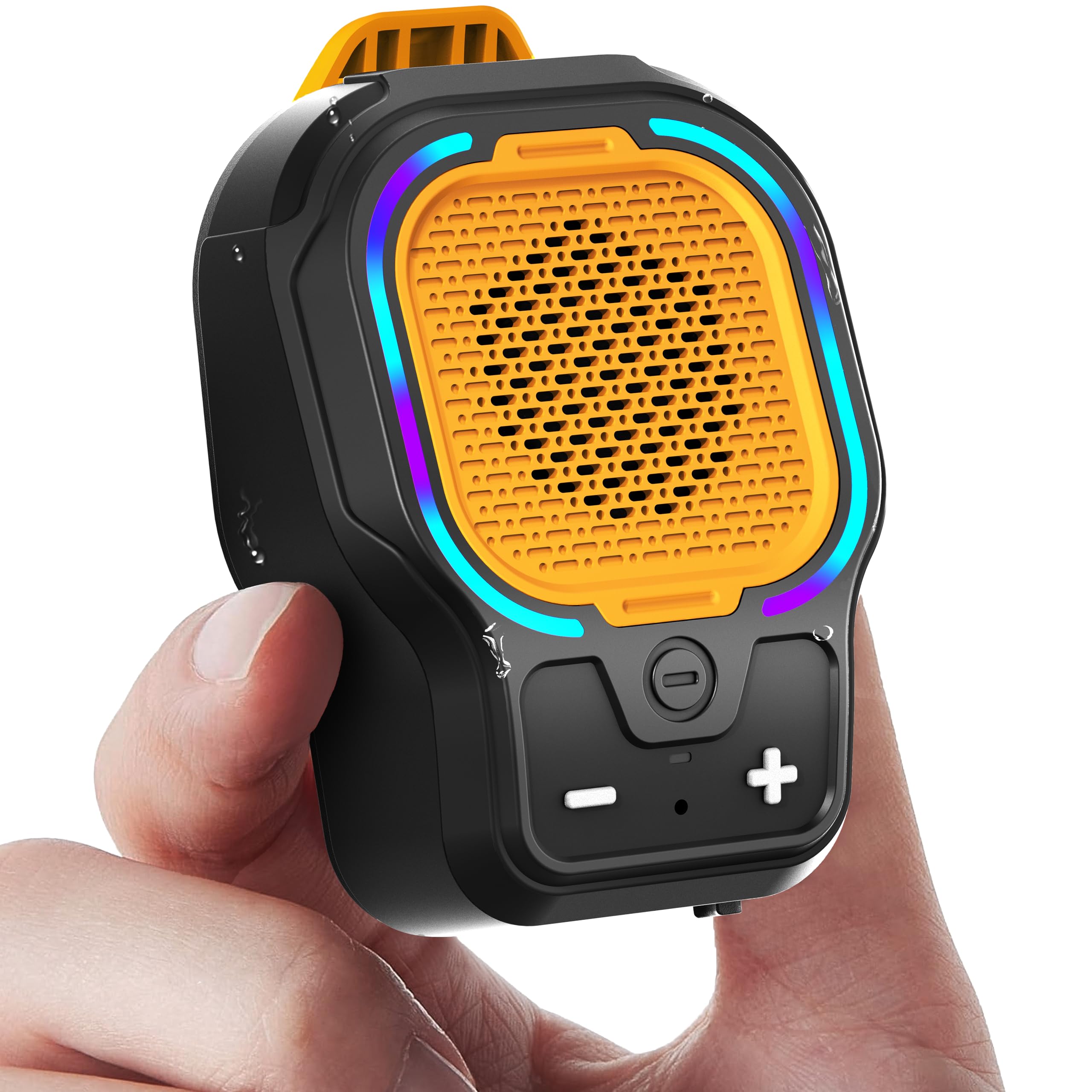 Altoparlante Bluetooth indossabile, altoparlante wireless portatile con clip magnetico, mini altoparlante Hi-Fi con 3 modalità di illuminazione, microfono ENC per chiamate in vivavoce musica, leggero