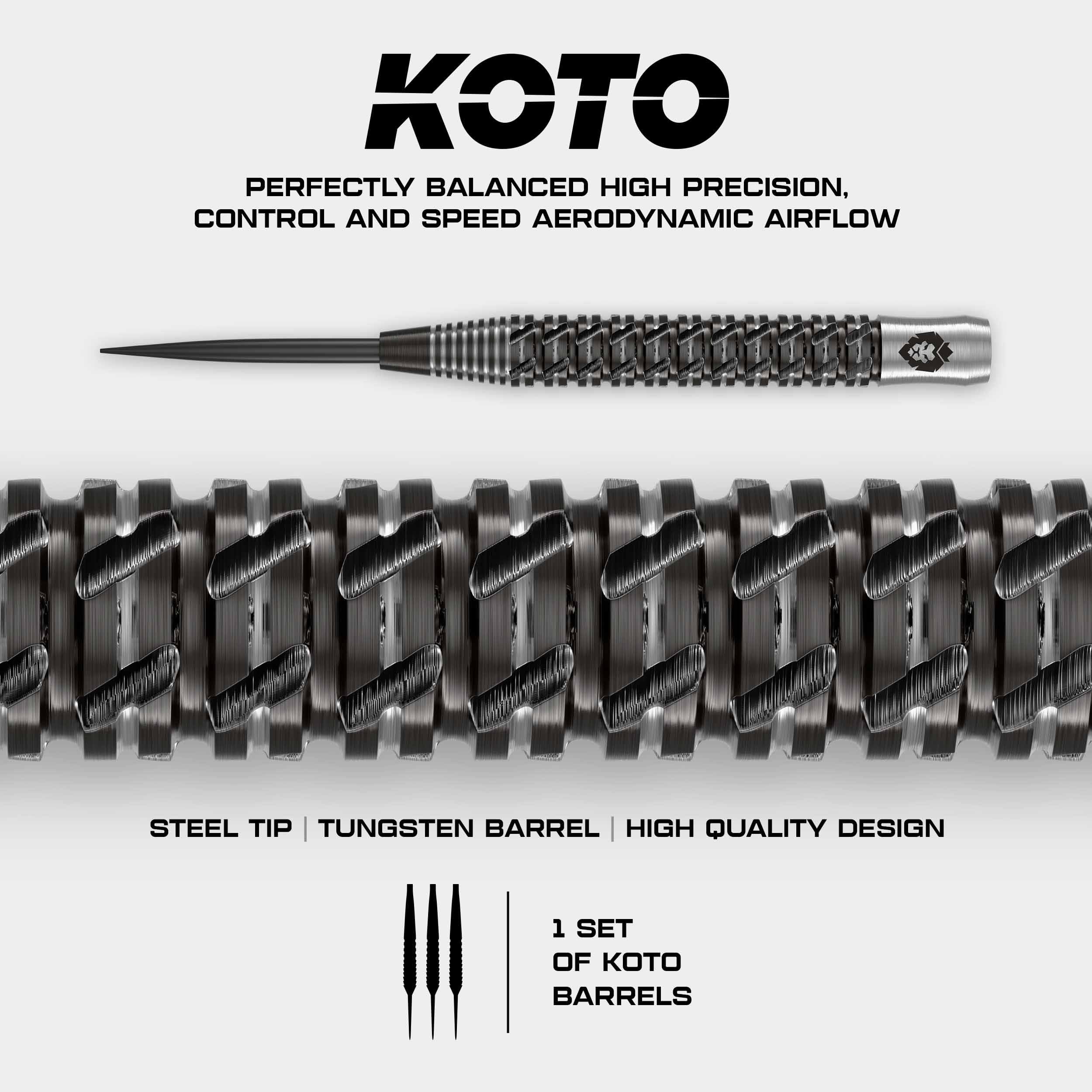 KOTO - Excalibur 90% Darts 21 G, Negro y Plata, Set de Dardos Incluye 3 Barriles, Flights + Shafts y Estuche para Dardos
