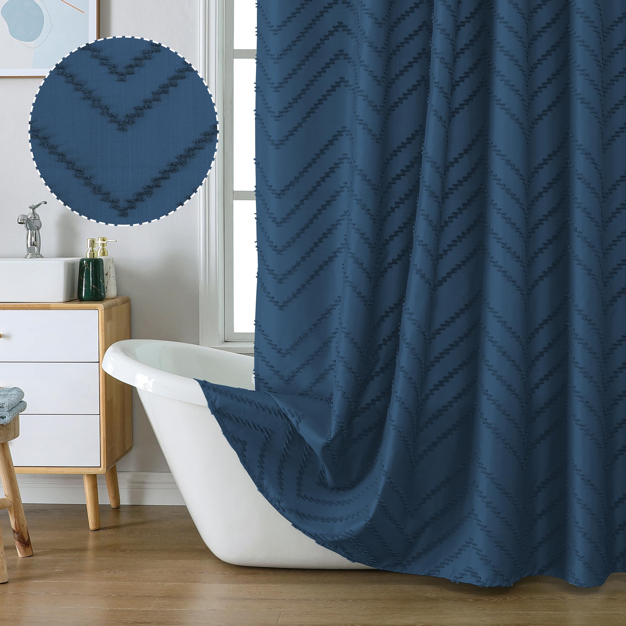 Chyhomenyc Dusty Blue Boho Chevron Extra Long 72x78 inches Fabric Shower Curtain, Modern Farmhouse Chic Textured Tufted Striped Unlined Privacy Bathroom Shower Curtain